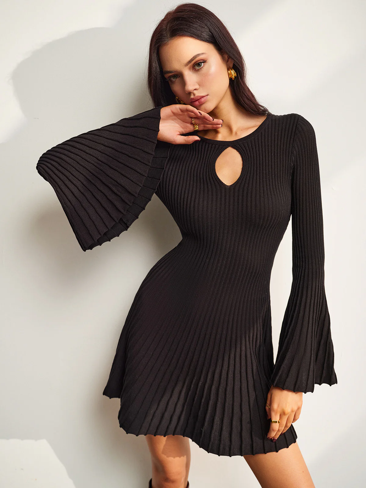 Keyhole Neckline Bell Sleeve Sweater Dress - Image 5