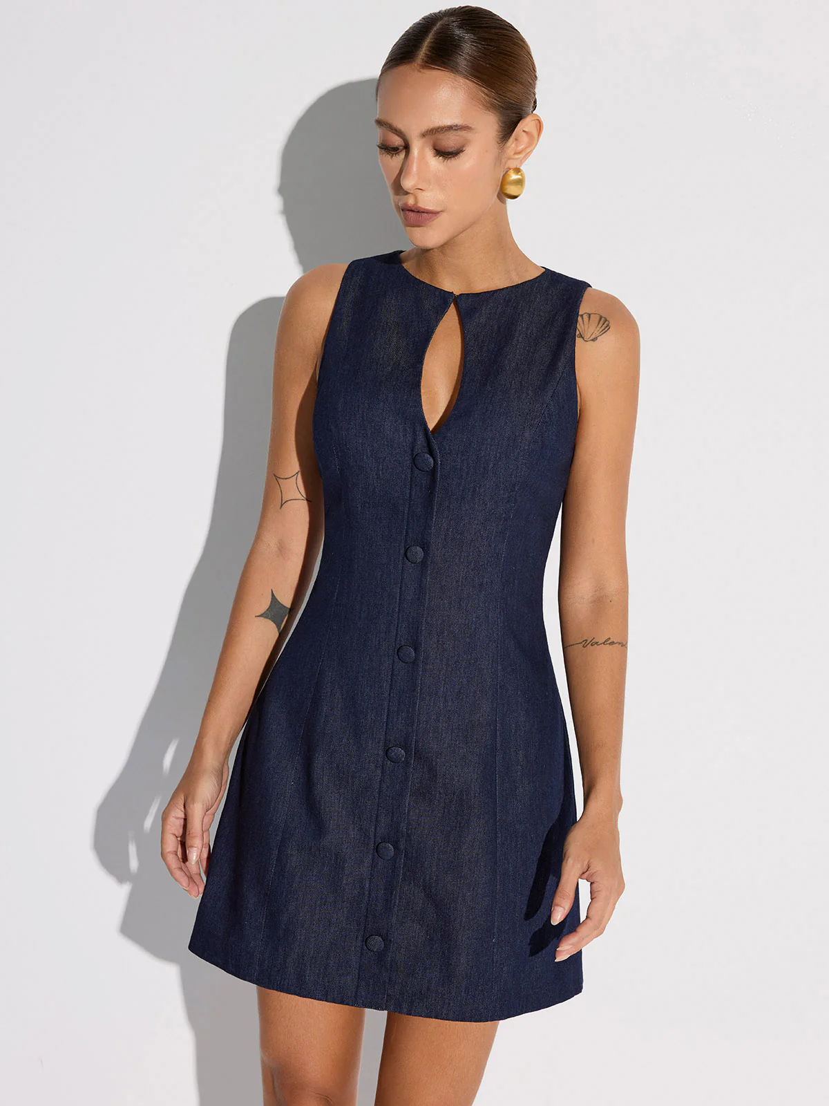 Keyhole Neckline Button Denim Mini Dress - Image 5