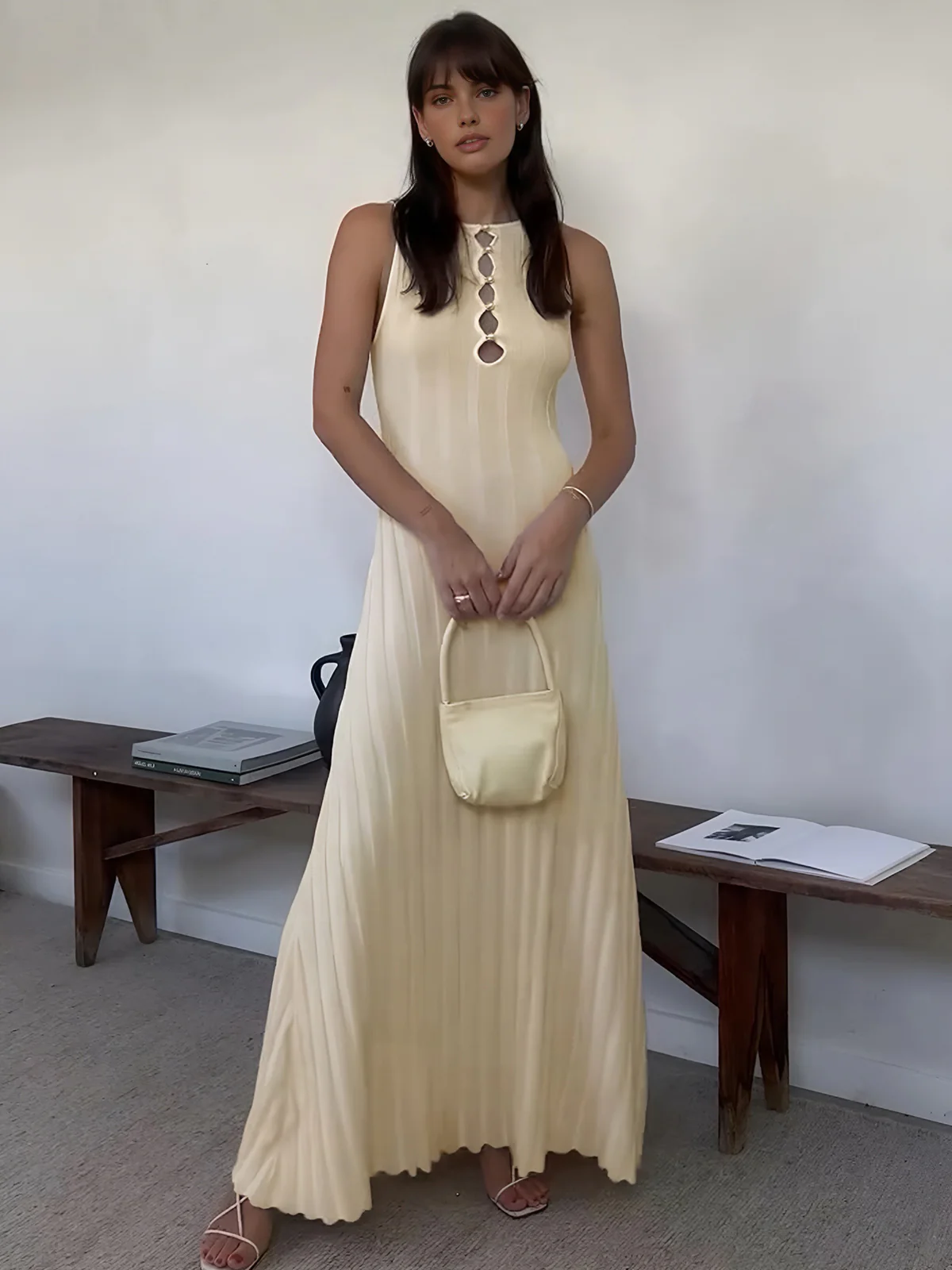Keyhole Neckline Pearl Decor Sweater Long Dress - Image 3