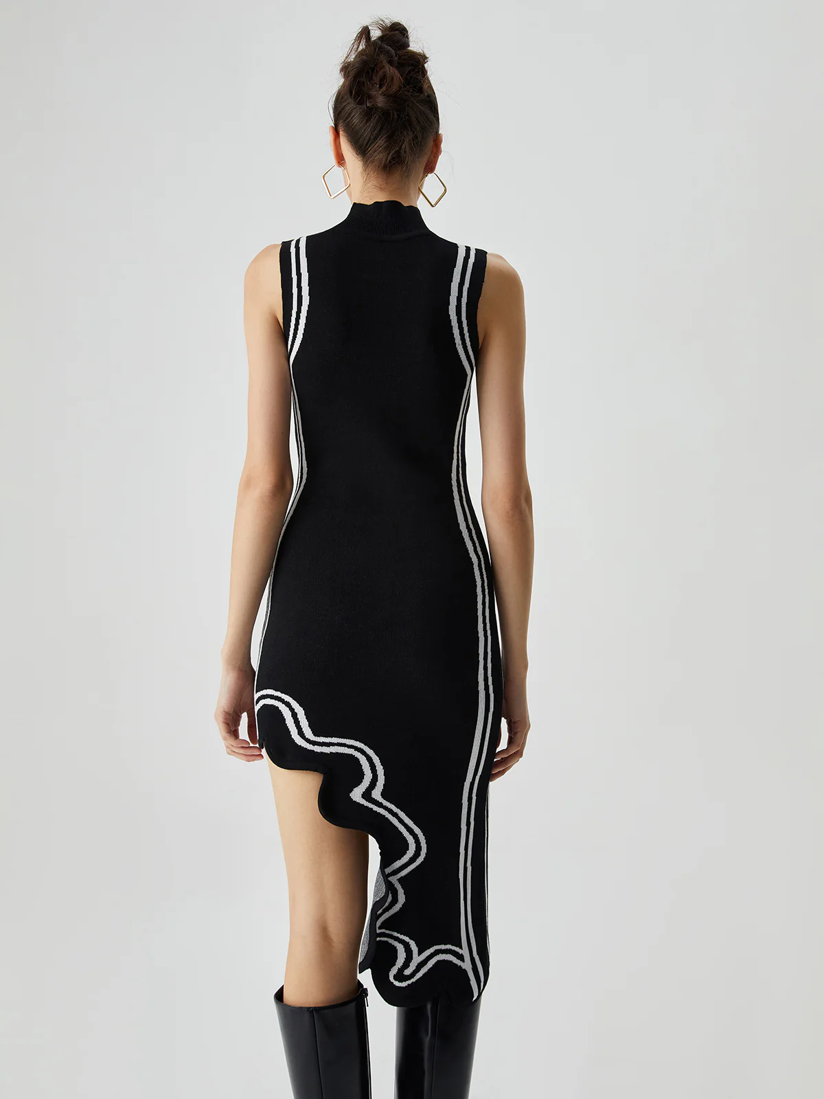 Knit Asymmetric Contrast Trim Mock Neck Midi Dress - Image 3