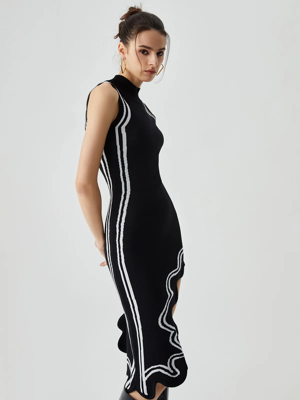 Knit Asymmetric Contrast Trim Mock Neck Midi Dress - Image 6