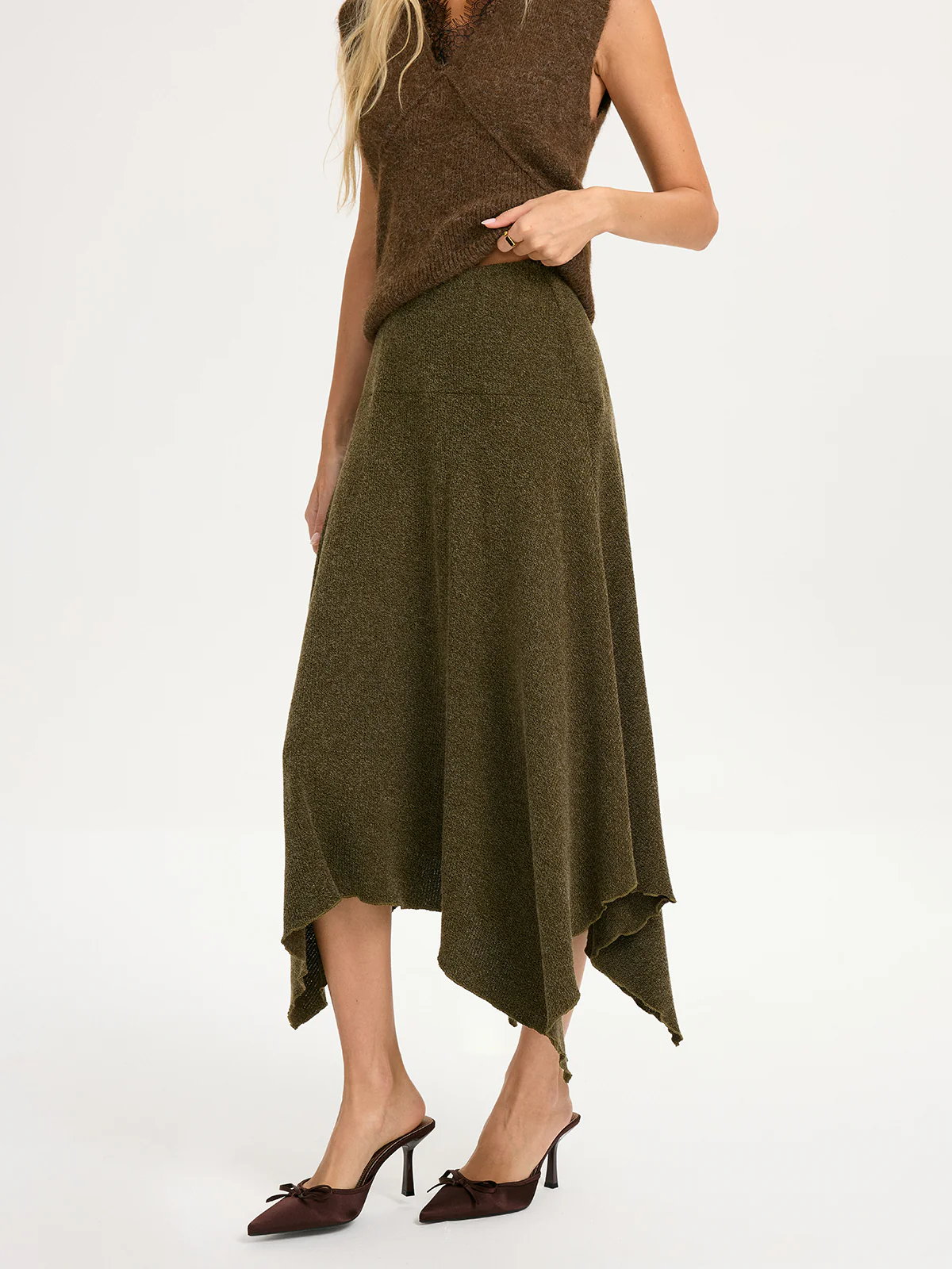 Knit Asymmetric Hem Midi Skirt