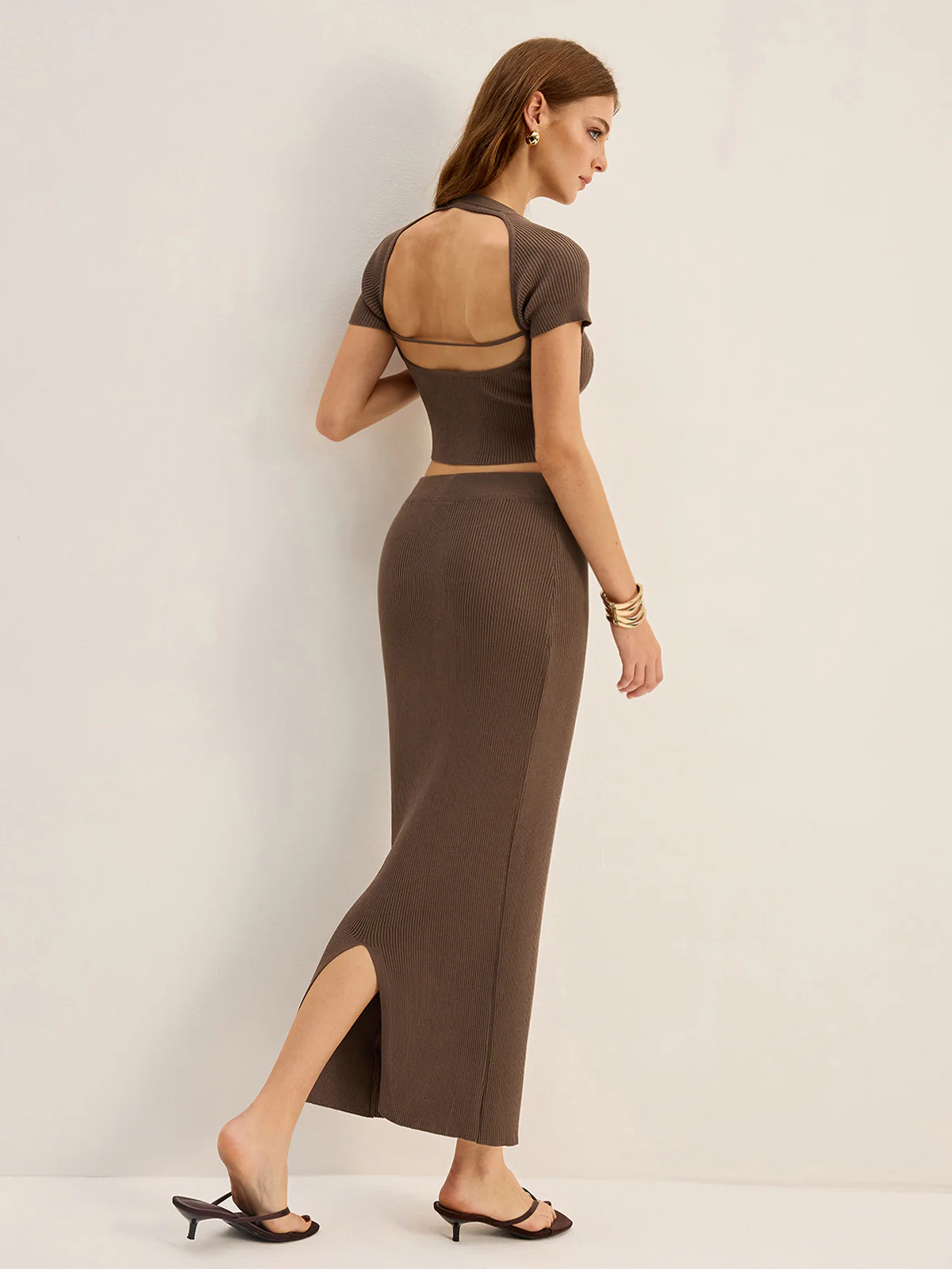 Knit Backless Short-Sleeve Top and Slit Midi Skirt Set - Image 6