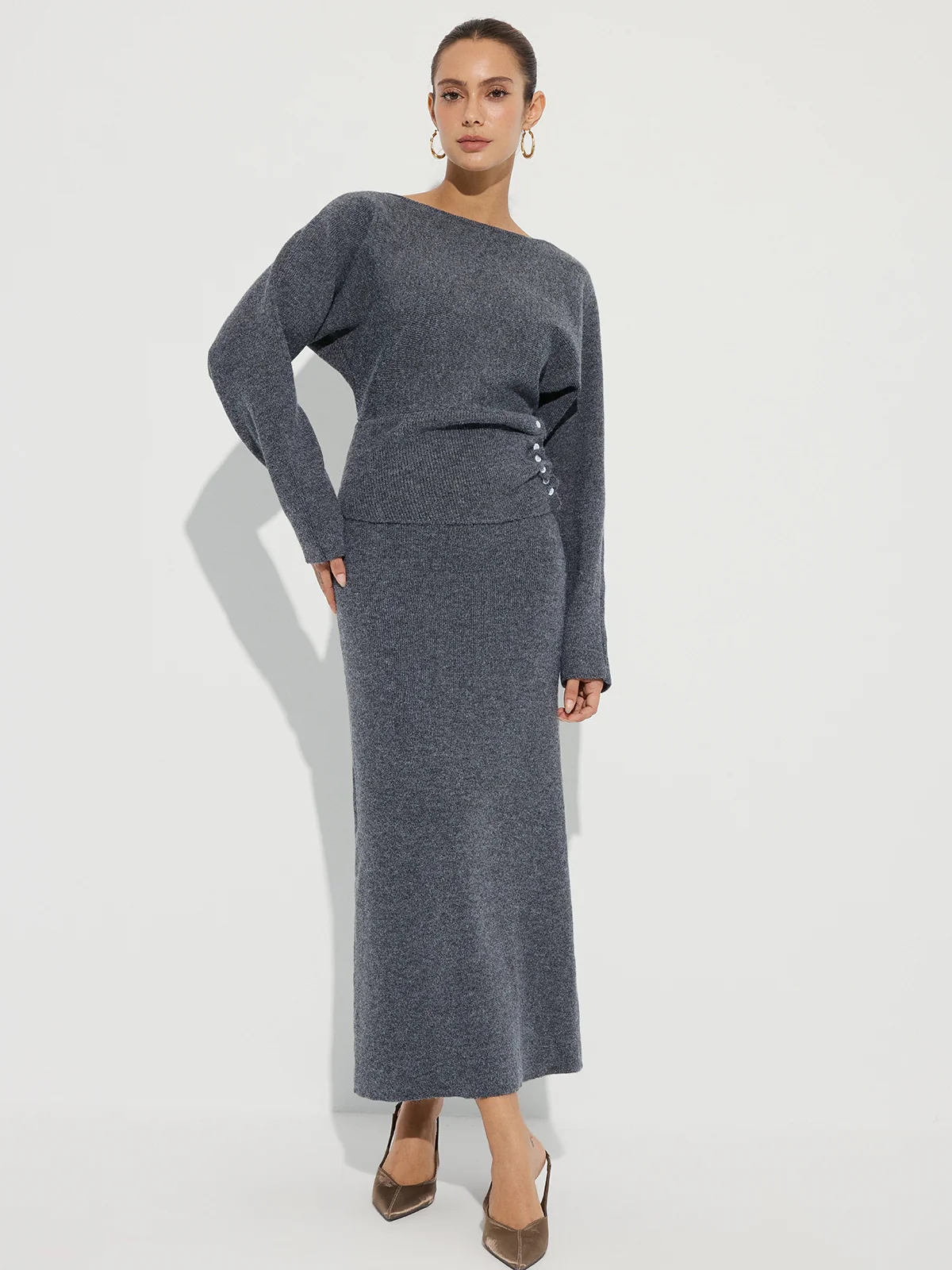 Knit Button Detail Top and Maxi Skirt Set - Image 8