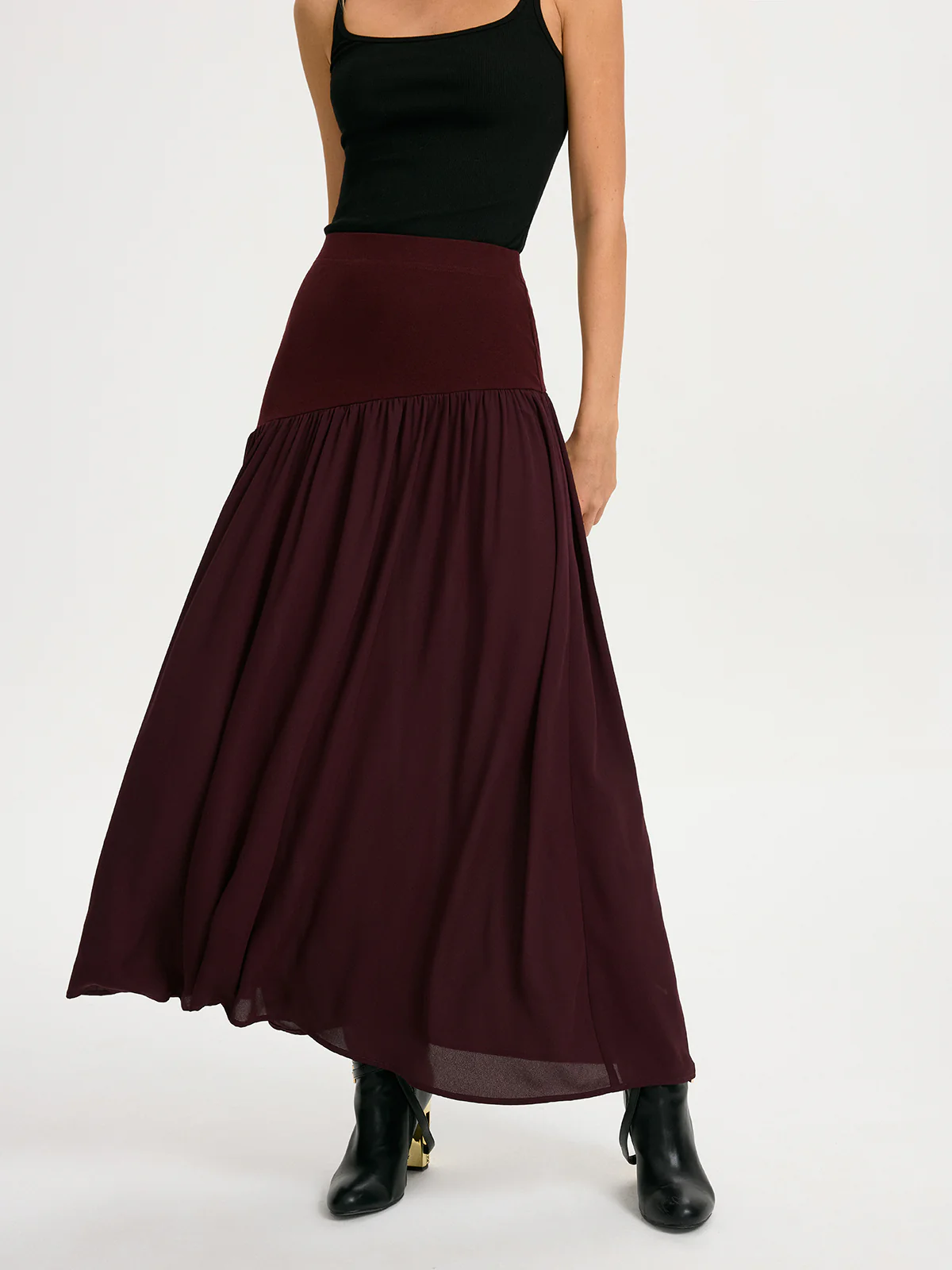 Knit & Chiffon Paneled Flowy Maxi Skirt