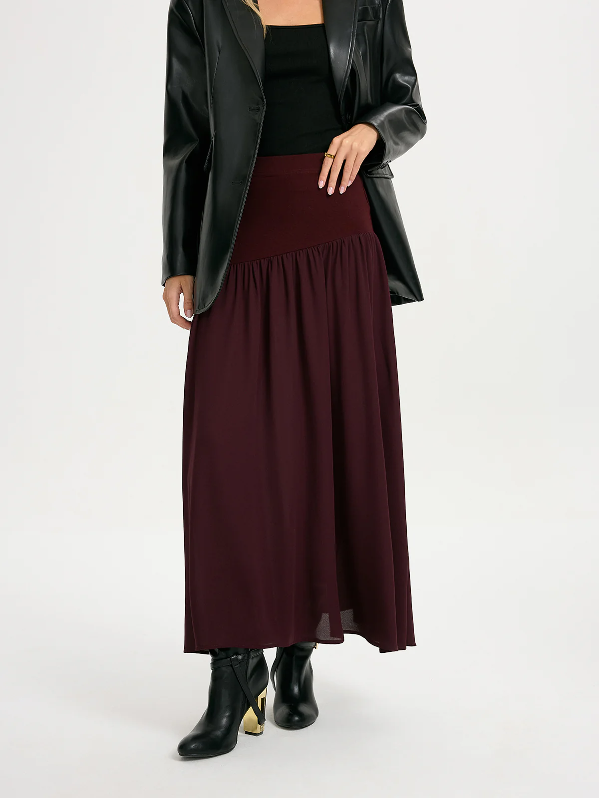Knit & Chiffon Paneled Flowy Maxi Skirt - Image 5