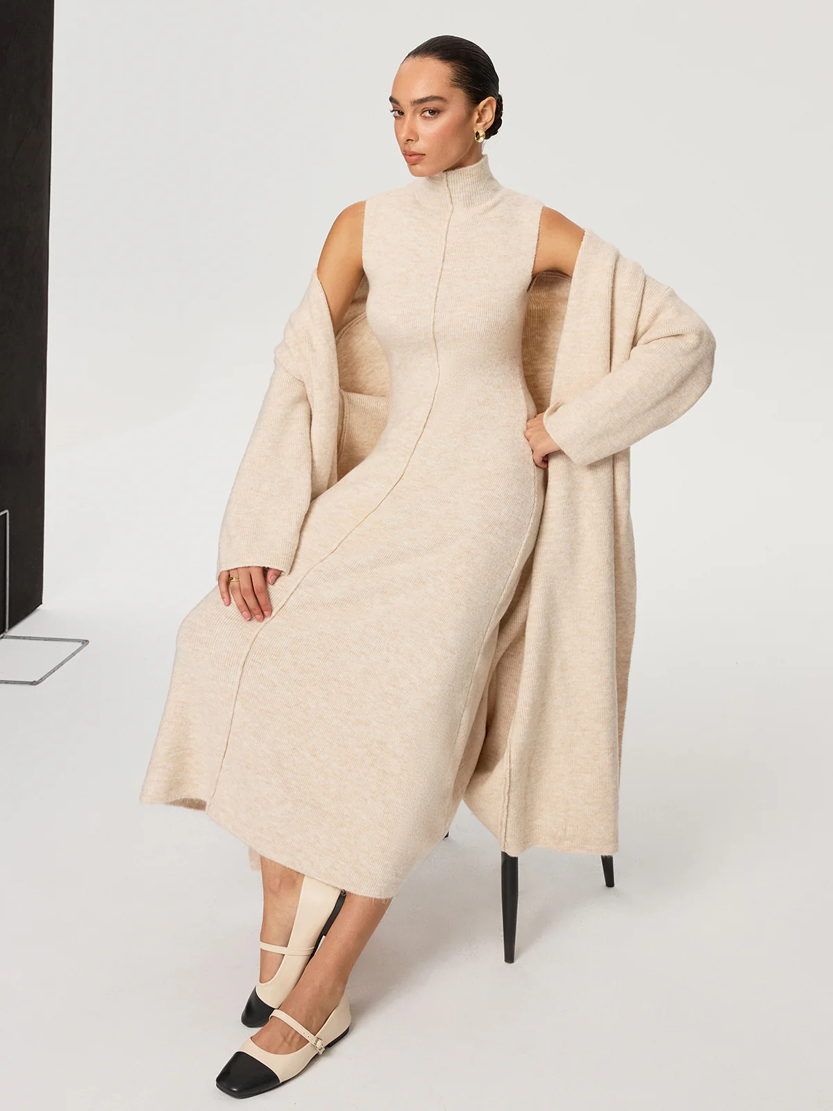 Knit Coat and Turtleneck Sleeveless Dress Two-Piece Set - Image 2