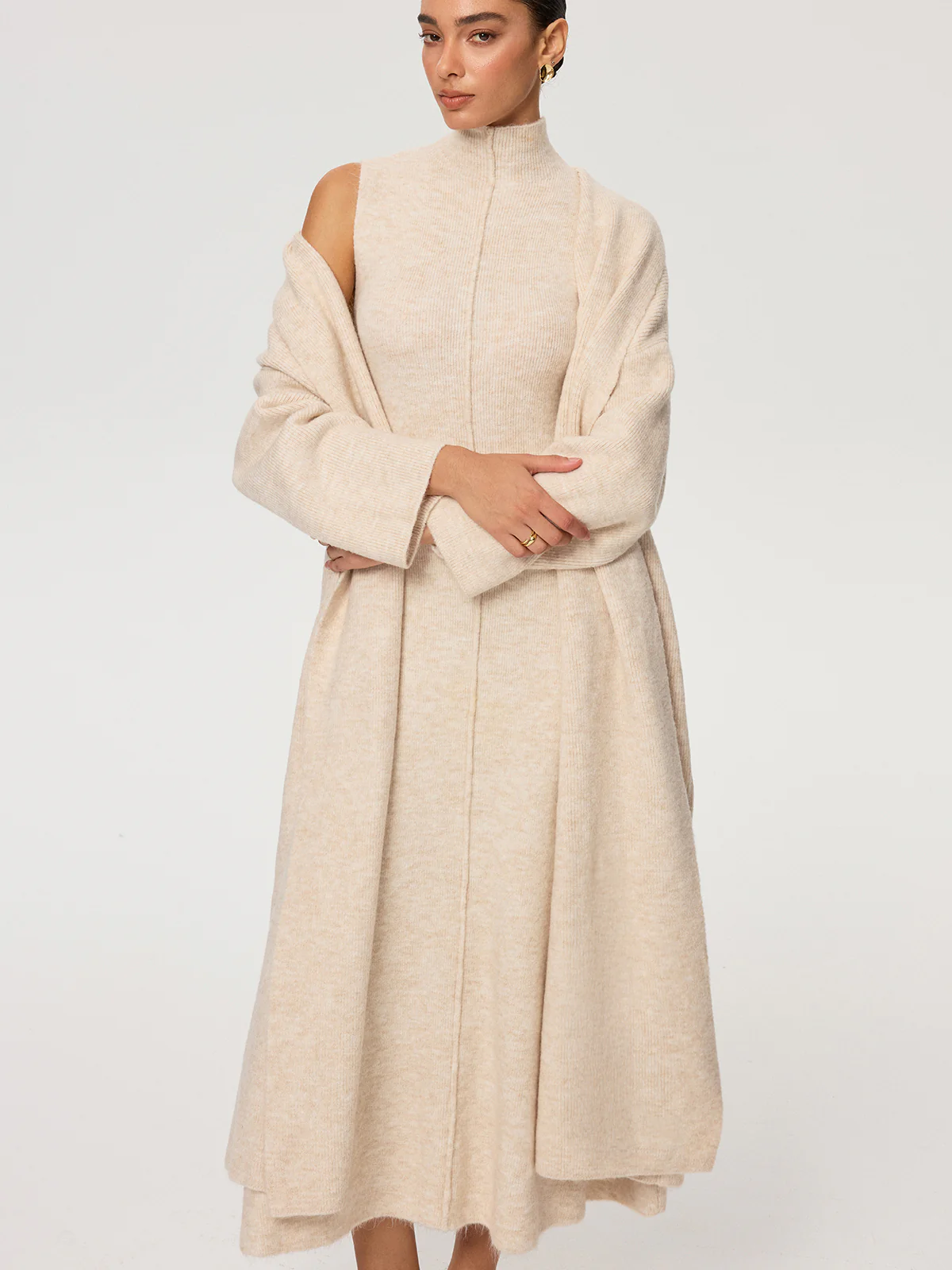 Knit Coat and Turtleneck Sleeveless Dress Two-Piece Set - Image 4