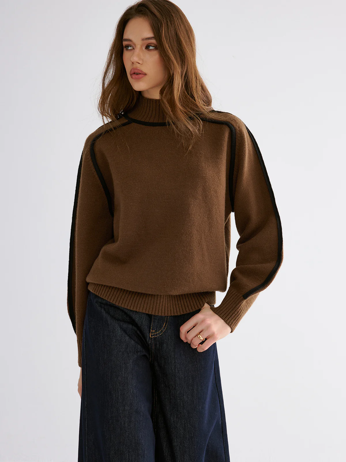 Knit Contrast Binding High Neck Sweater - Image 3