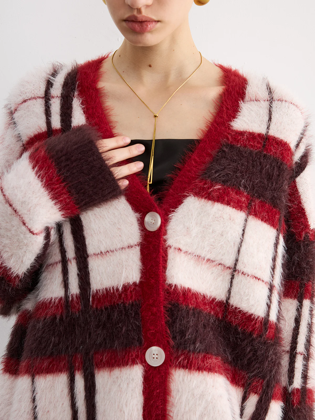 Knit Fluffy Checkered Cardigan - Image 2