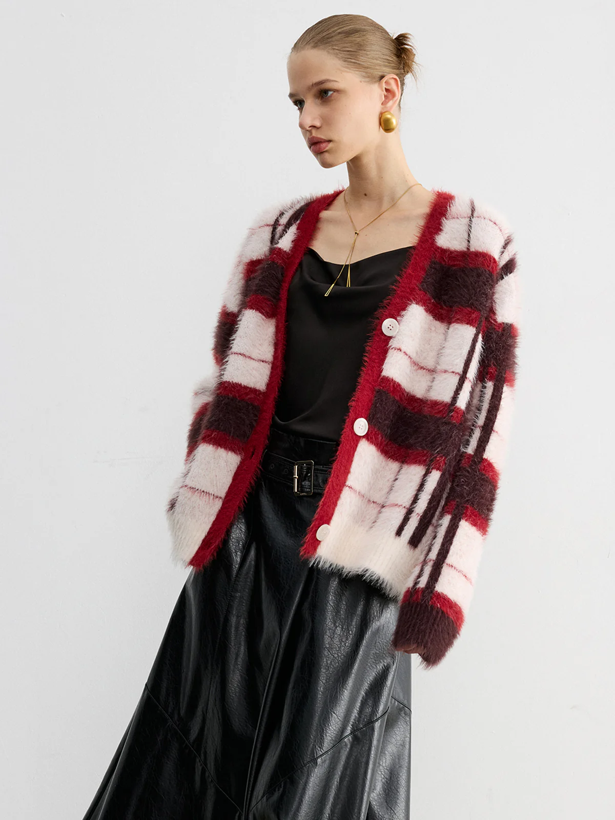 Knit Fluffy Checkered Cardigan - Image 3