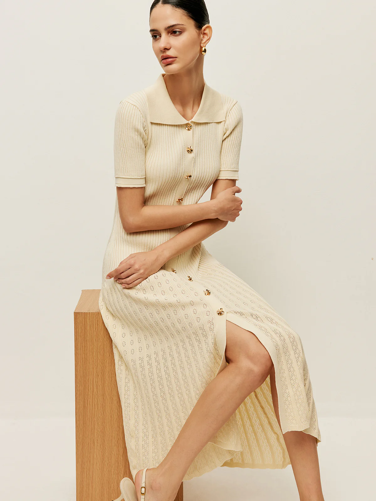 Knit Hollow Buttoned Polo Dress - Image 6