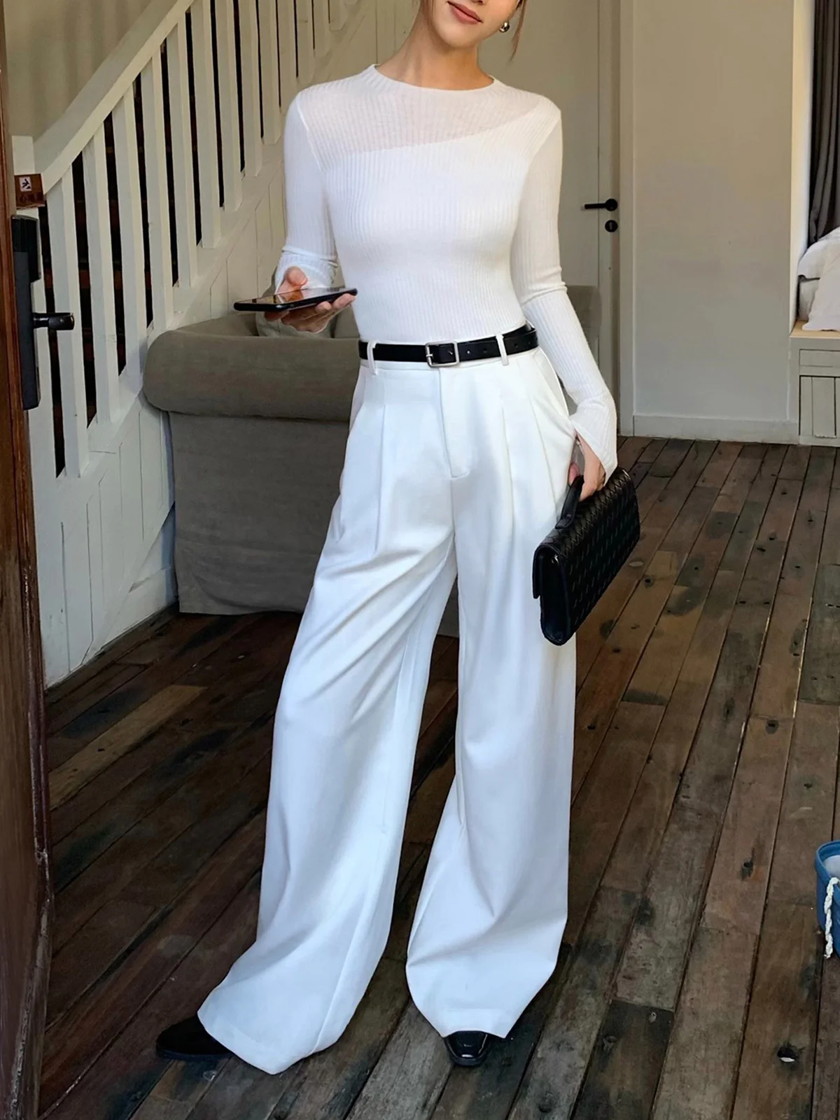 Knit Ribbed Crew Neck Asymmetric Top - Image 3