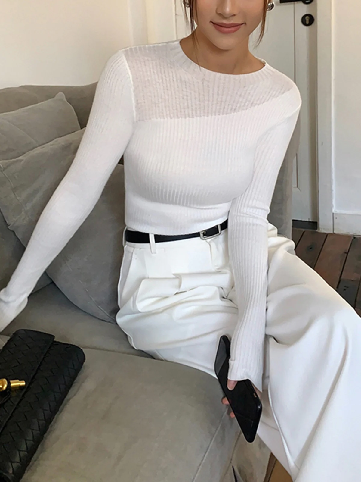Knit Ribbed Crew Neck Asymmetric Top - Image 5