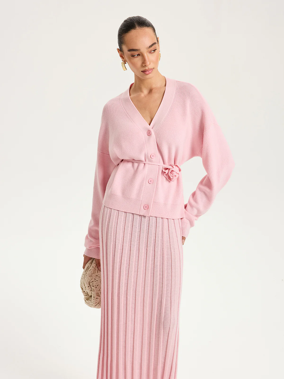 Knitted Belted Cardigan and Textured Maxi Skirt Set - Image 3