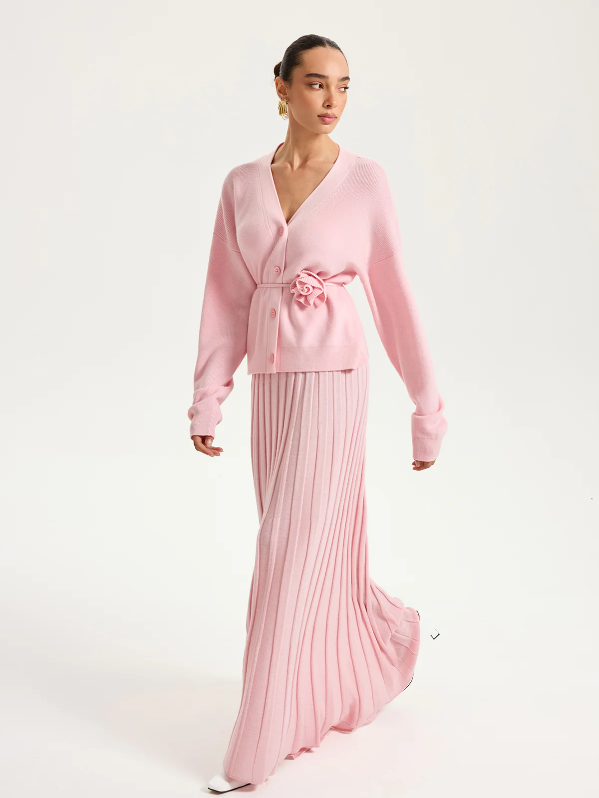 Knitted Belted Cardigan and Textured Maxi Skirt Set - Image 5