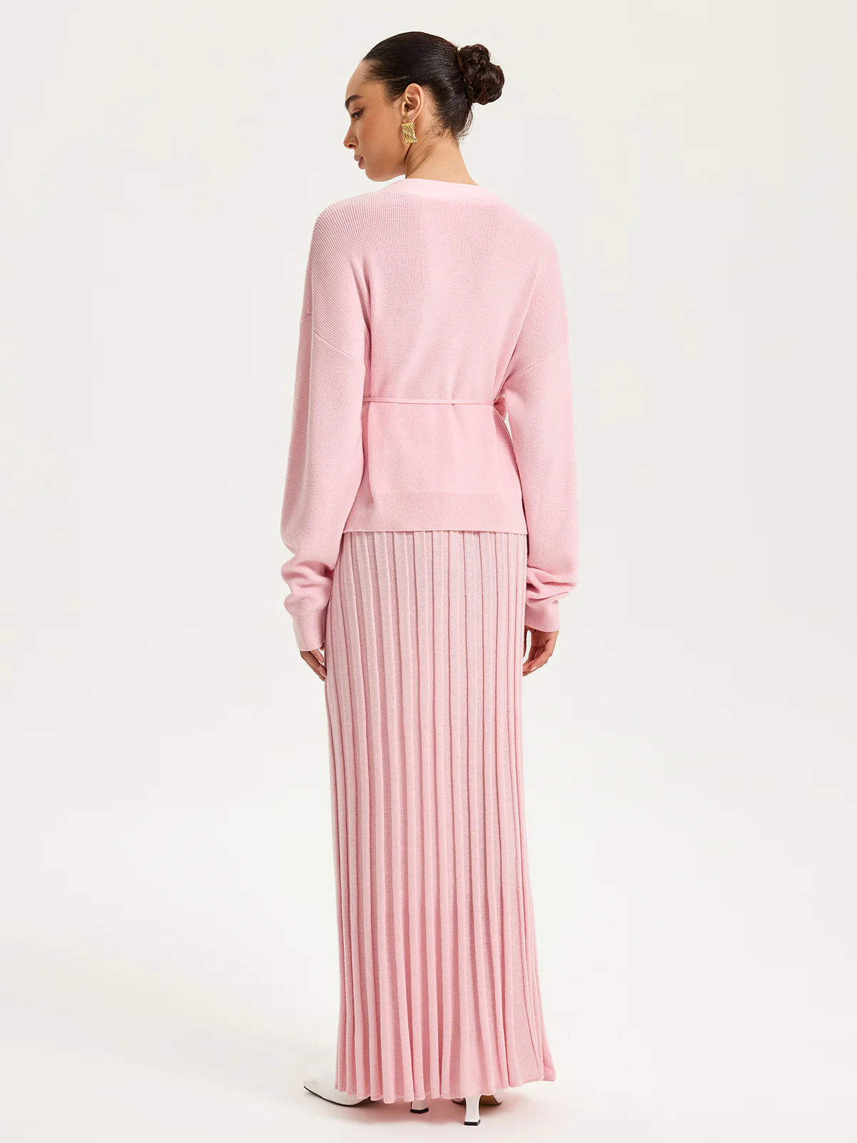 Knitted Belted Cardigan and Textured Maxi Skirt Set - Image 6