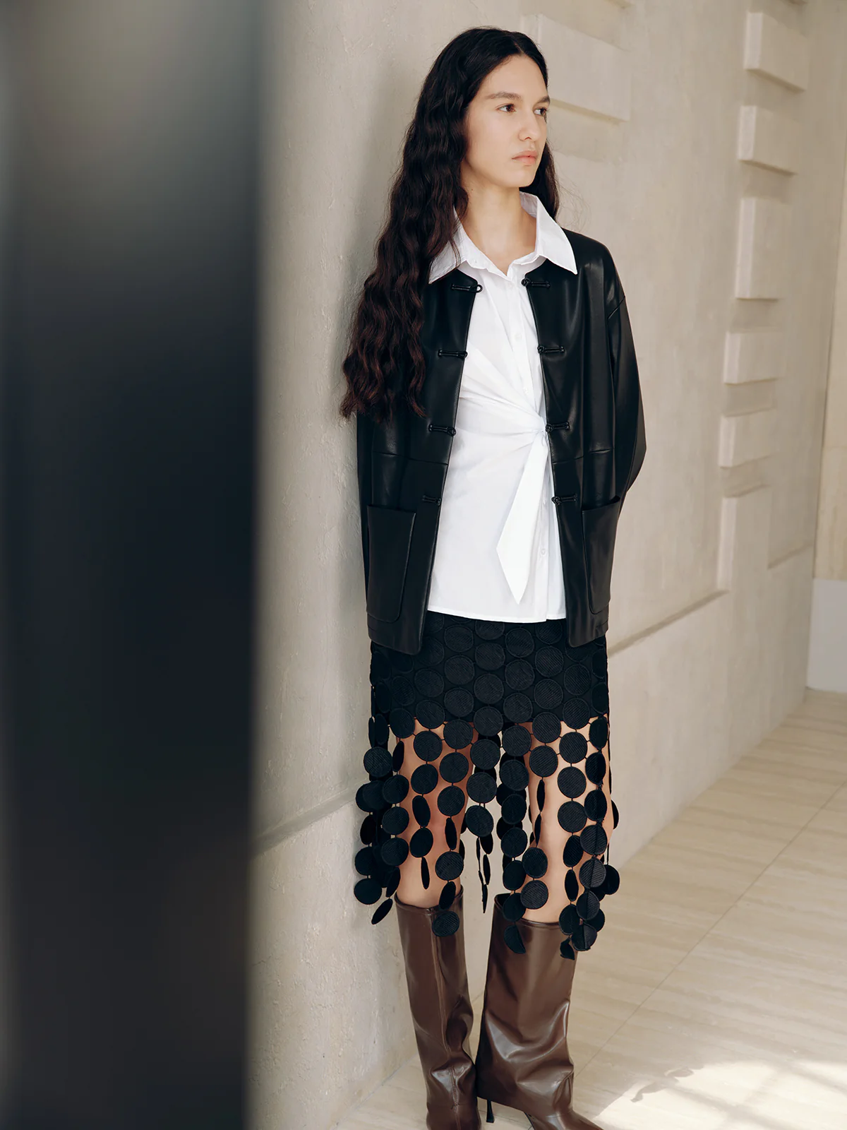 Knot Button Faux Leather Jacket - Image 3