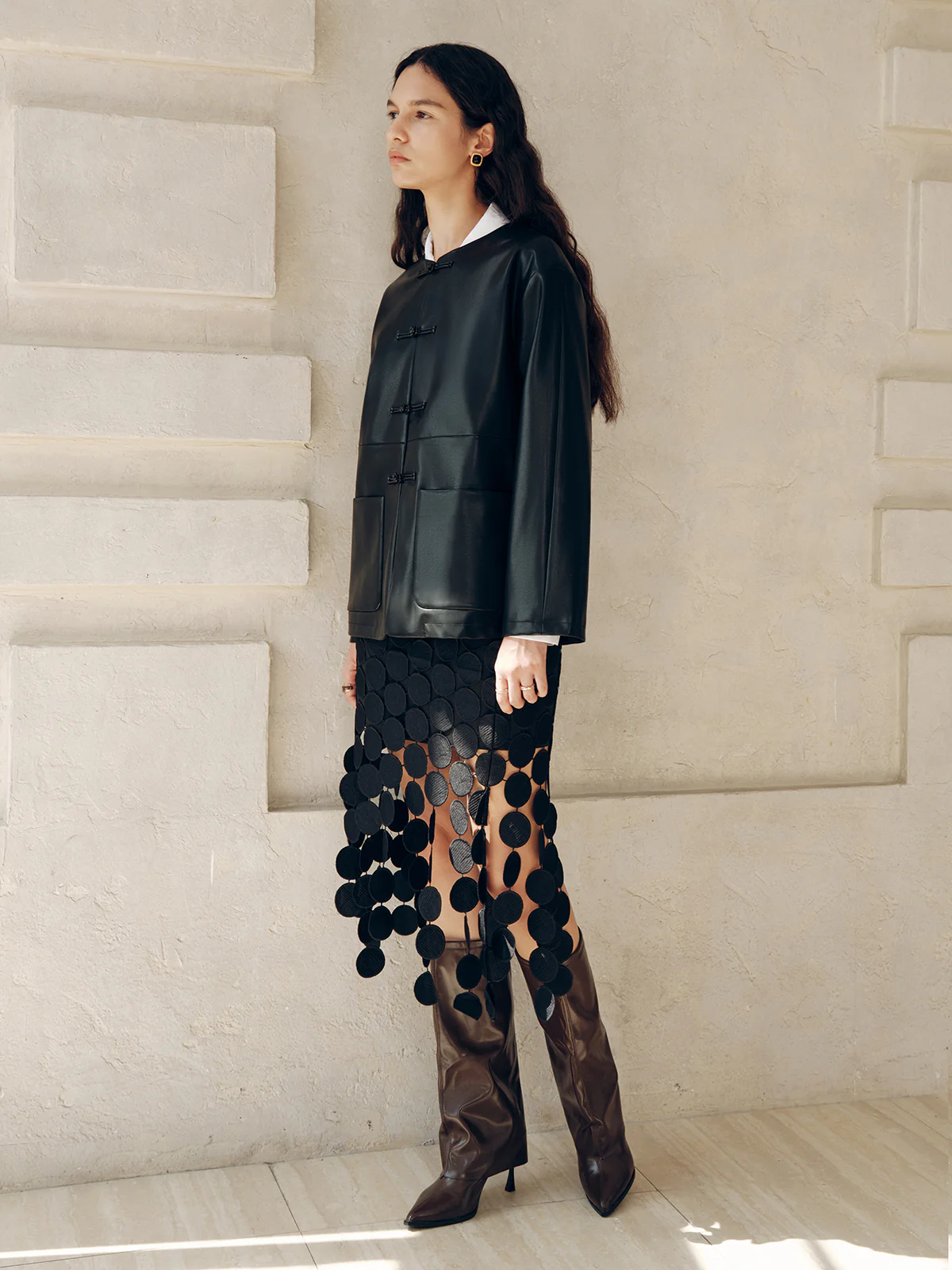 Knot Button Faux Leather Jacket - Image 4