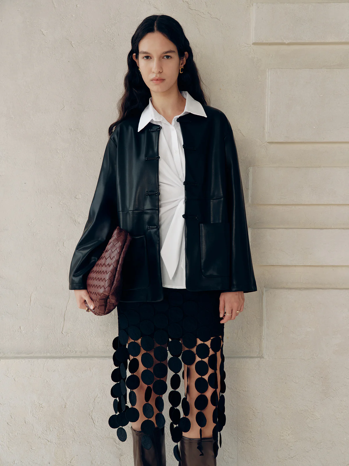 Knot Button Faux Leather Jacket - Image 5