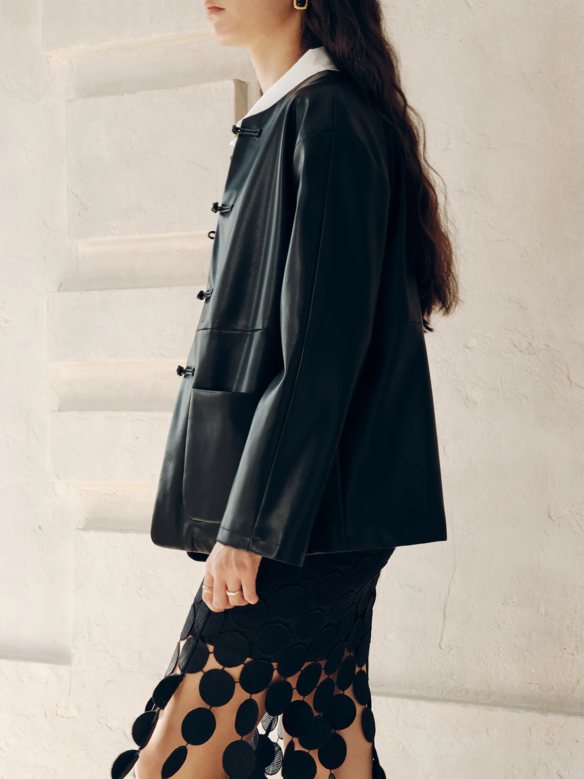 Knot Button Faux Leather Jacket - Image 8