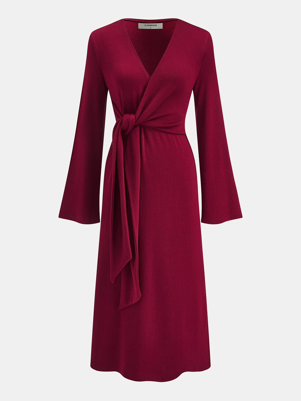 Knot-Waist Bell Sleeve Wrap Midi Dress