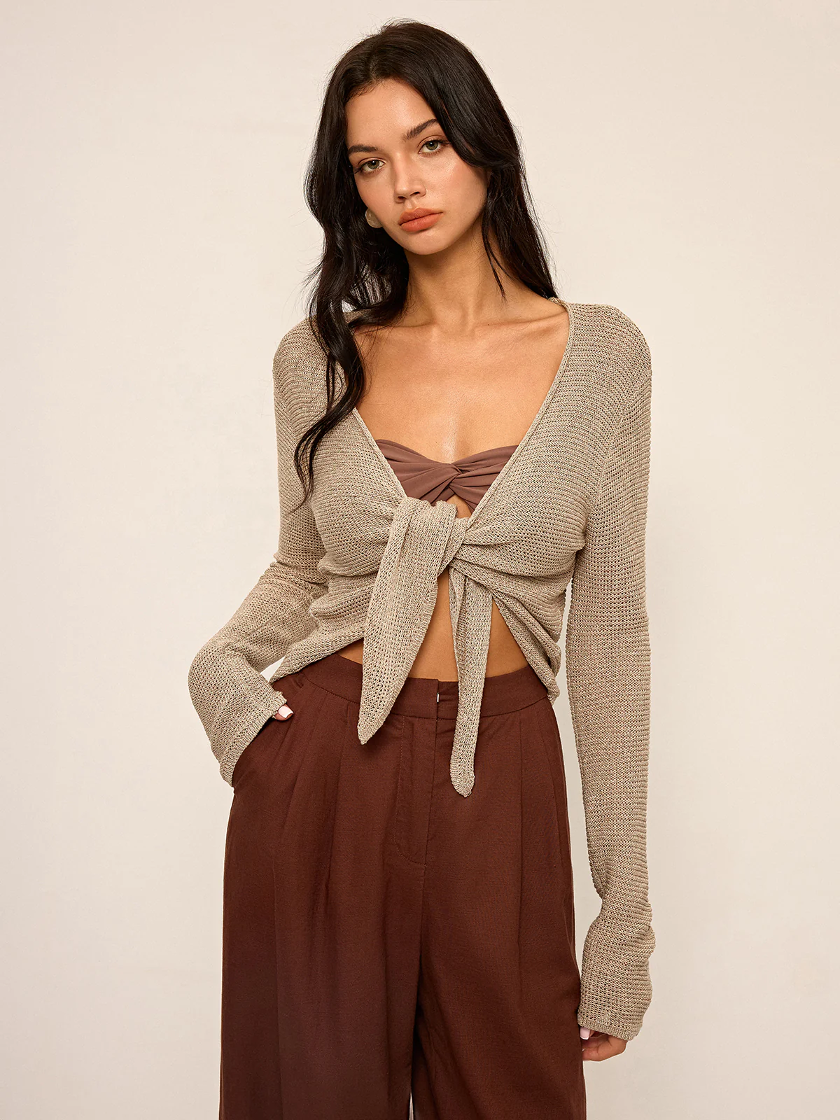 Knotted Front Long Sleeve Knit Top - Image 3