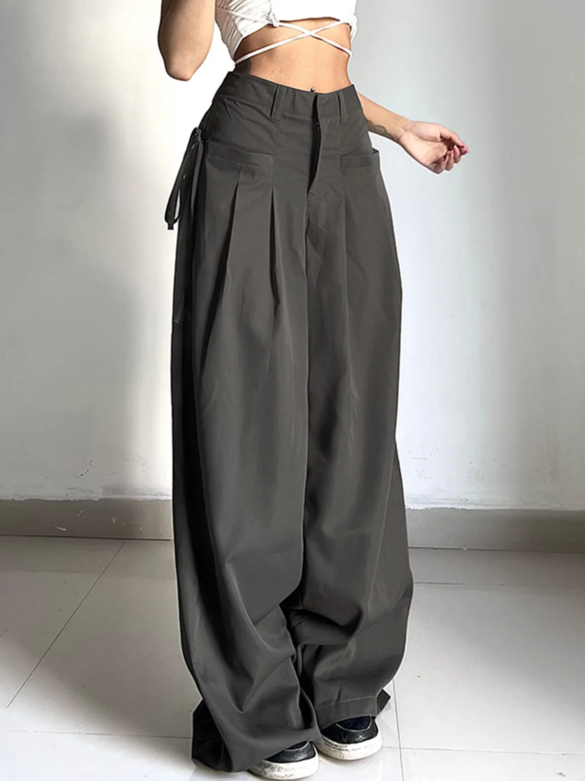 Knotted Pleated Wide-Leg Draped Pants - Image 2