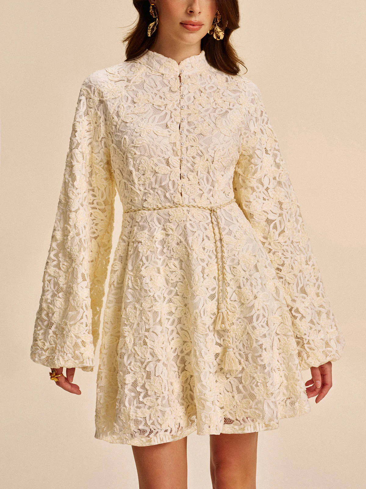Lace Bell-Sleeve Dress With Belt - Image 3