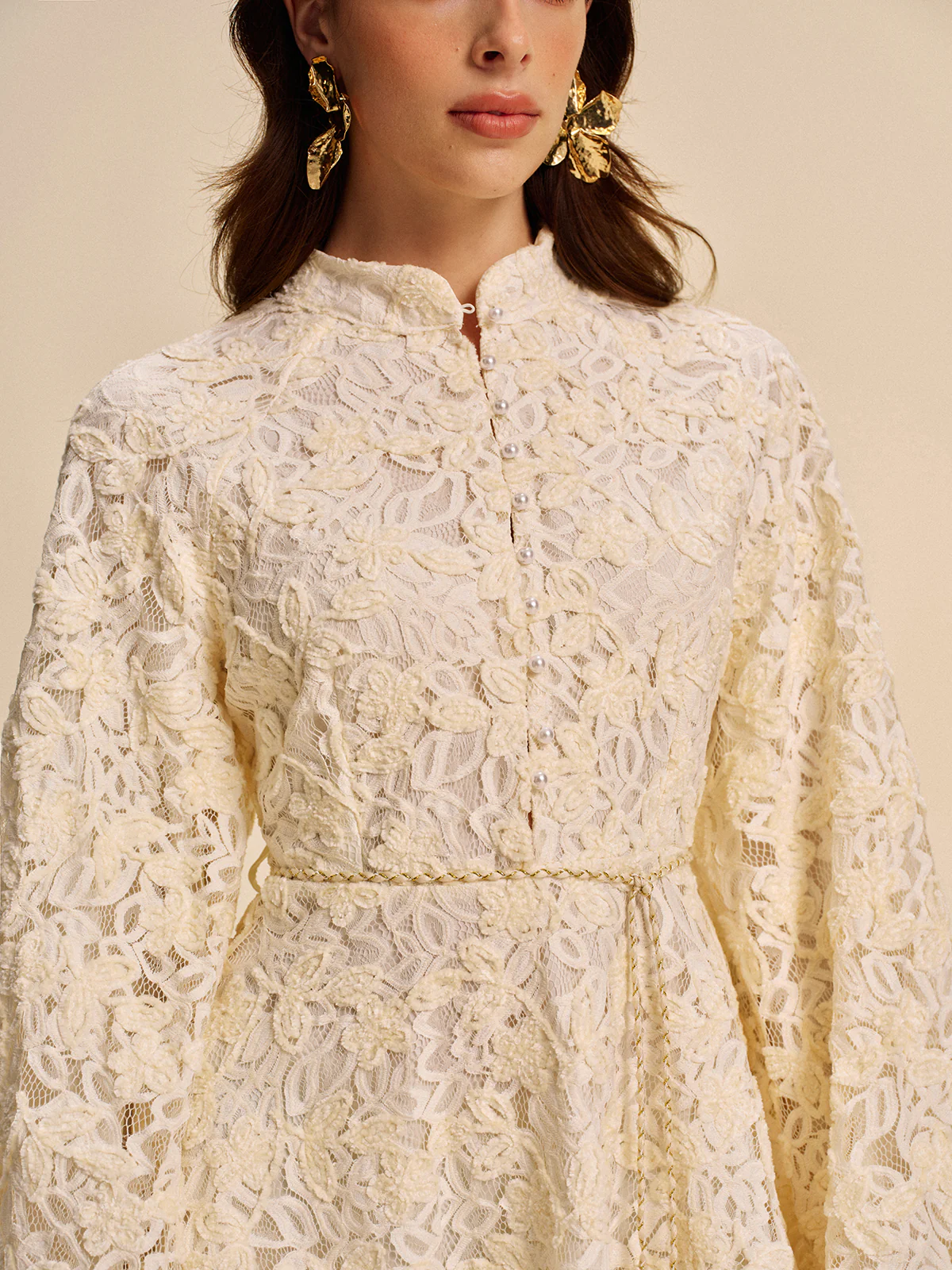 Lace Bell-Sleeve Dress With Belt - Image 5