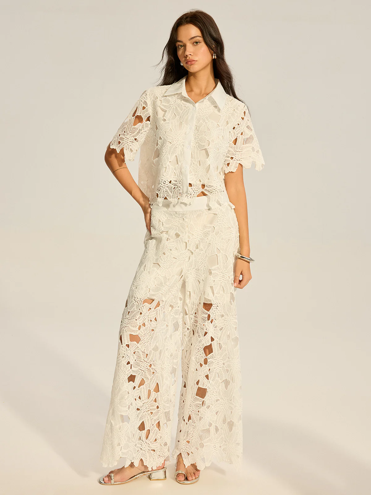Lace Crochet Cut-Out Top and Wide-Leg Pants Set - Image 2