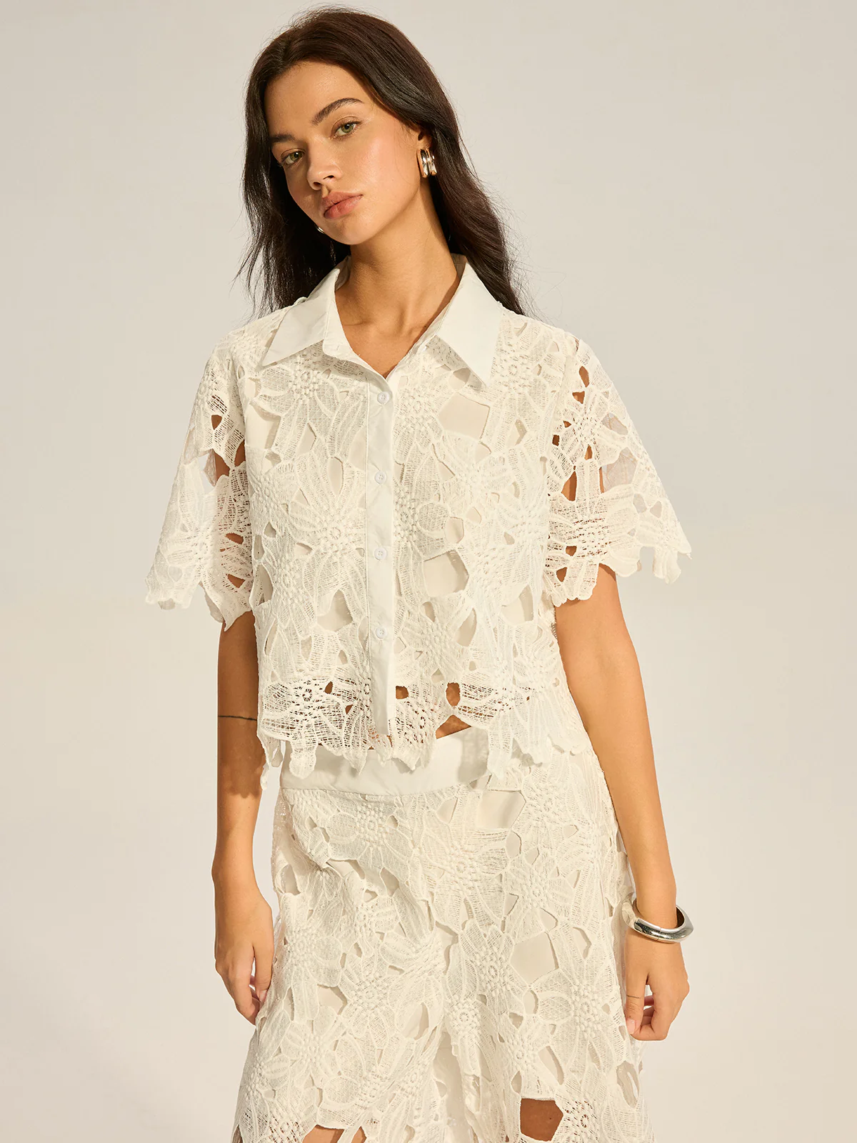 Lace Crochet Cut-Out Top and Wide-Leg Pants Set - Image 3