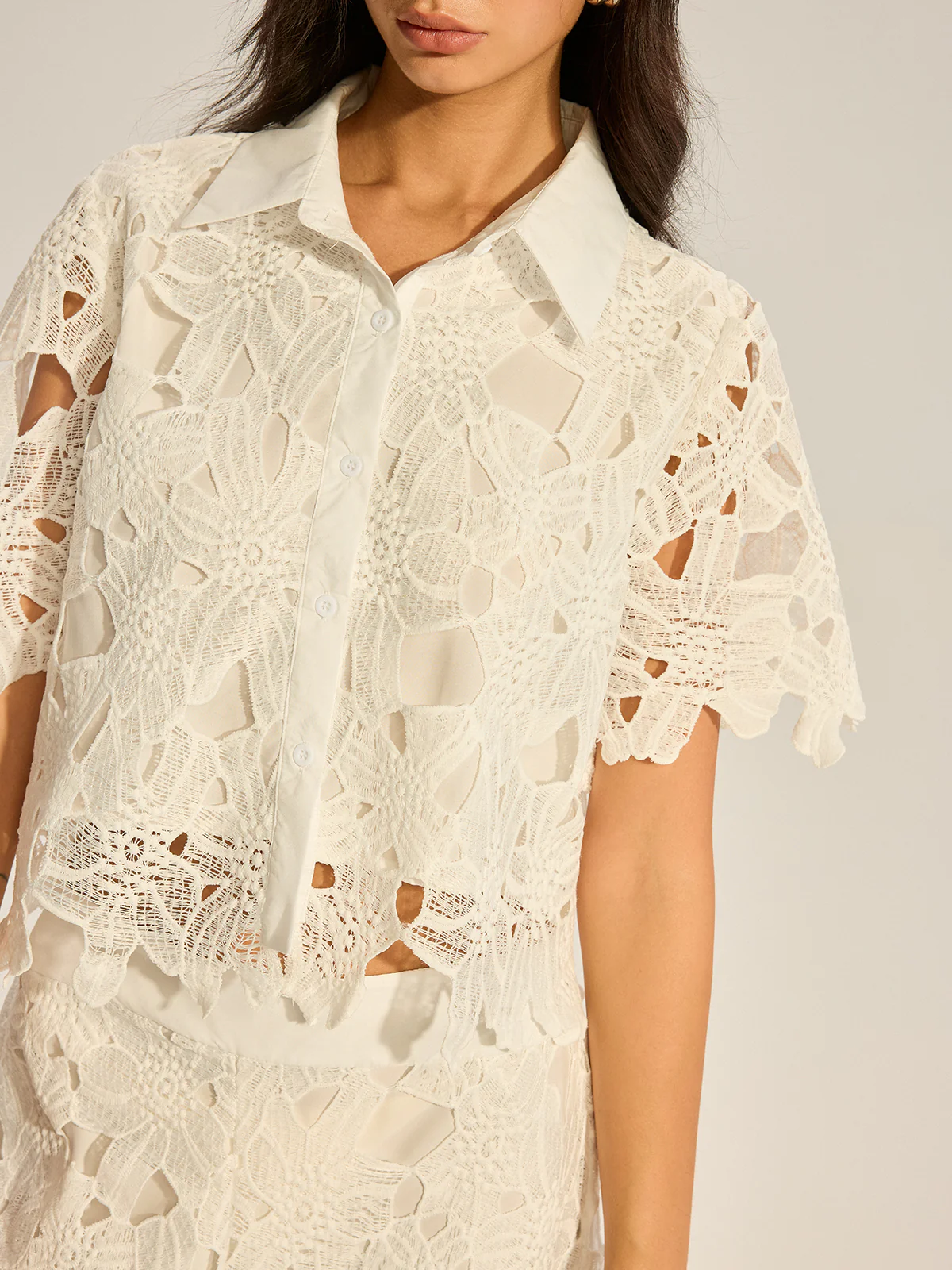 Lace Crochet Cut-Out Top and Wide-Leg Pants Set - Image 4