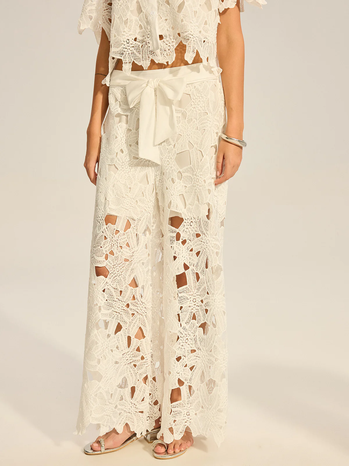 Lace Crochet Cut-Out Top and Wide-Leg Pants Set - Image 5