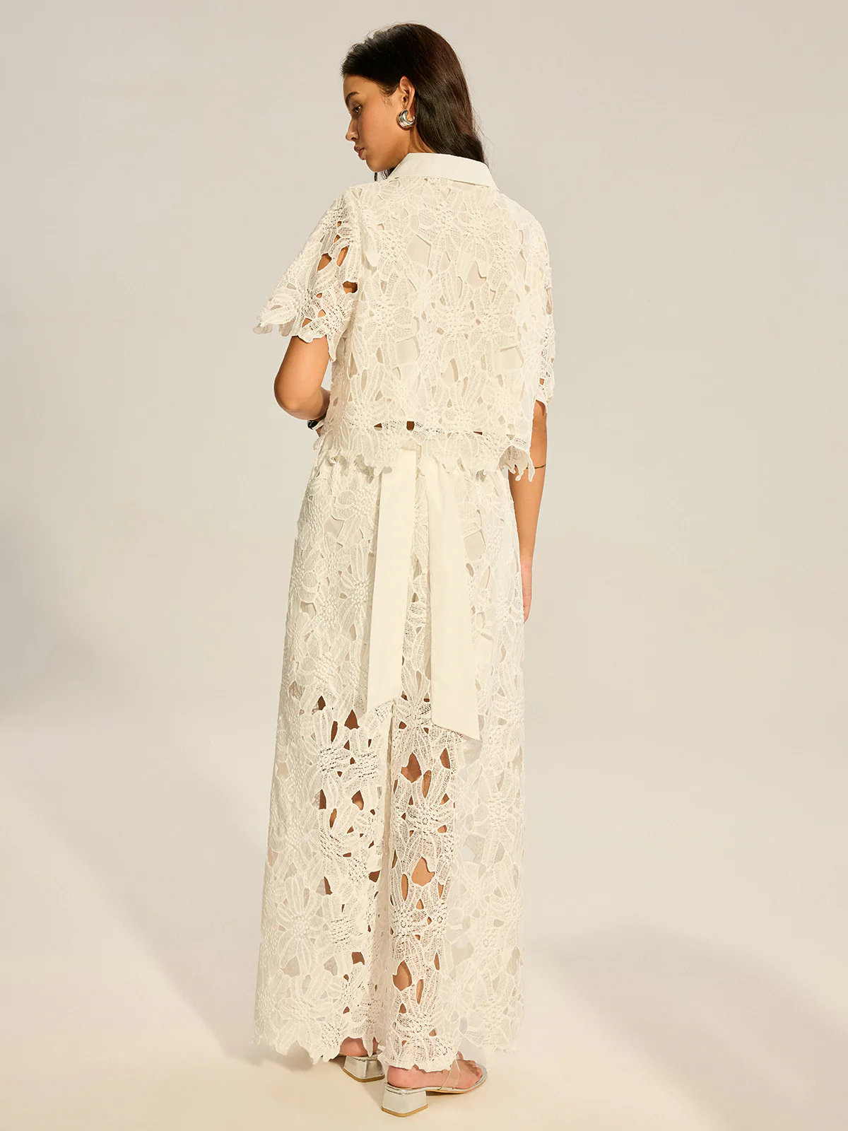 Lace Crochet Cut-Out Top and Wide-Leg Pants Set - Image 6