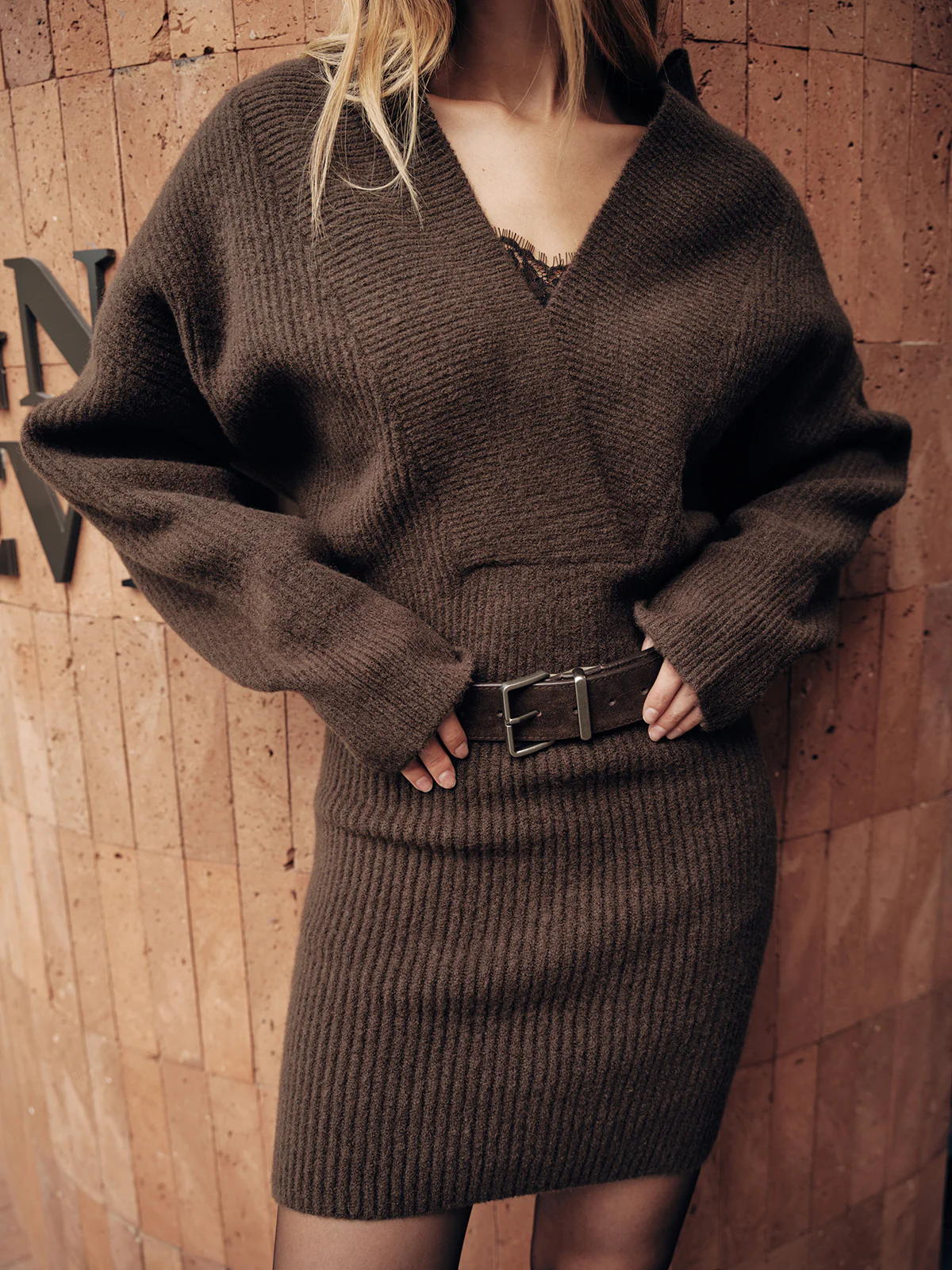 V-Neck Ribbed Knit Mini Dress with Non-Belted - Image 4