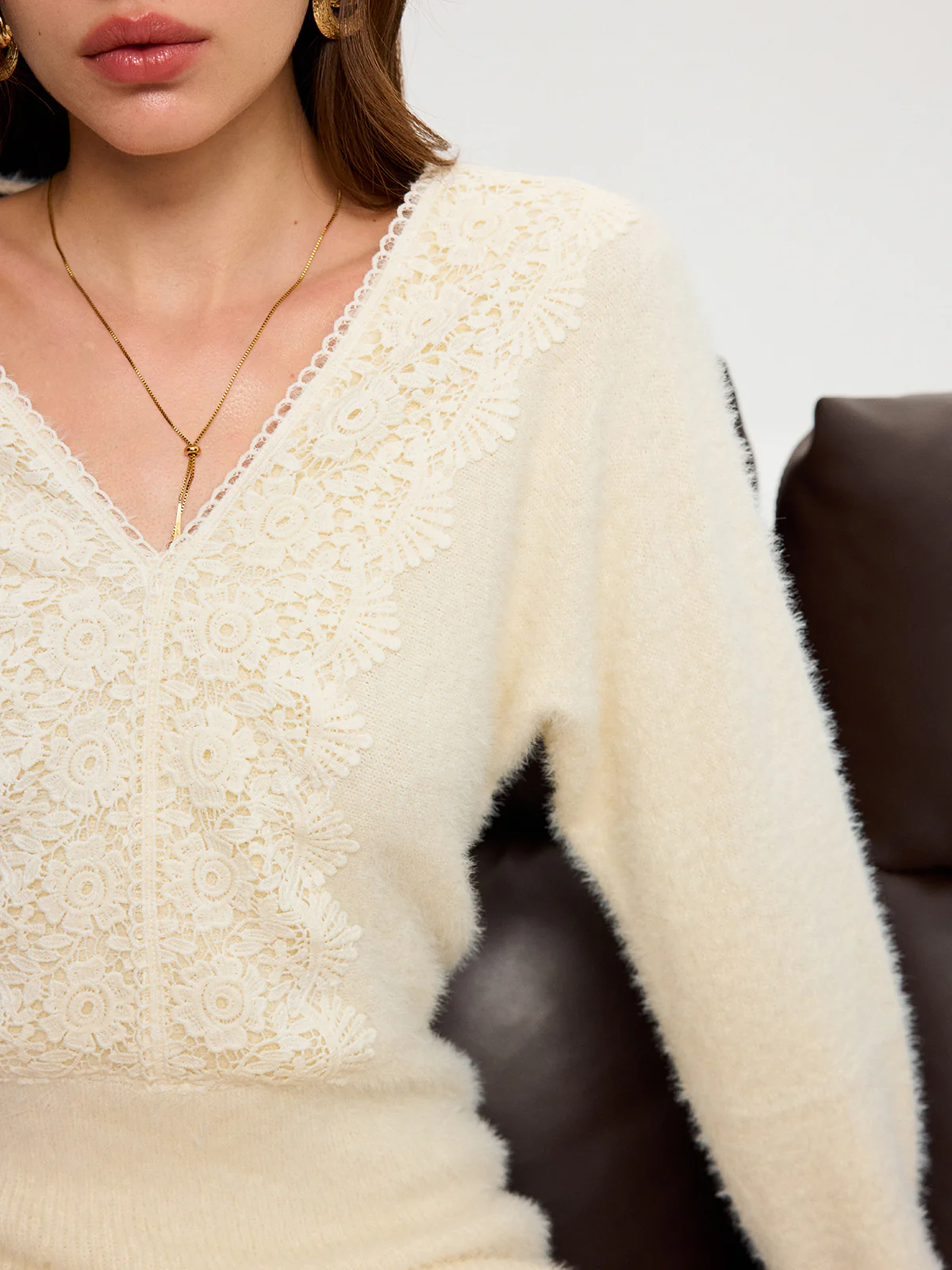 Lace Detail V-Neck Fuzzy Knit Mini Dress - Image 4