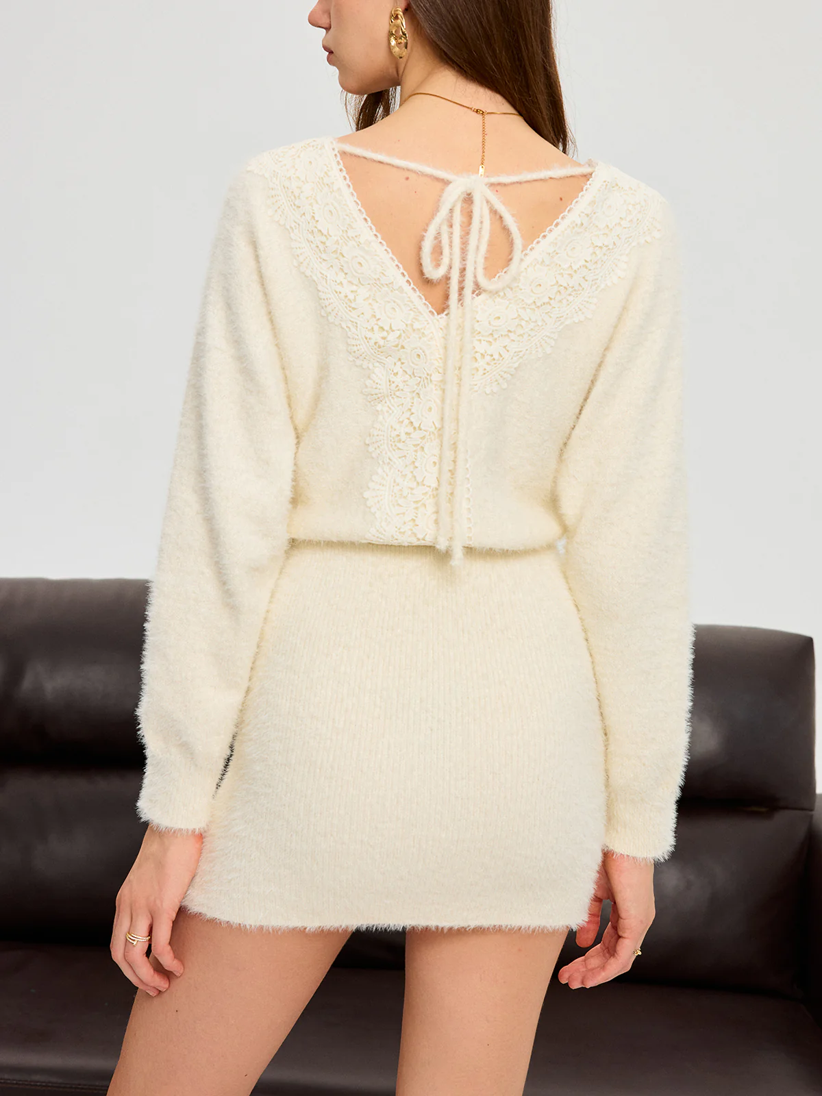 Lace Detail V-Neck Fuzzy Knit Mini Dress - Image 5