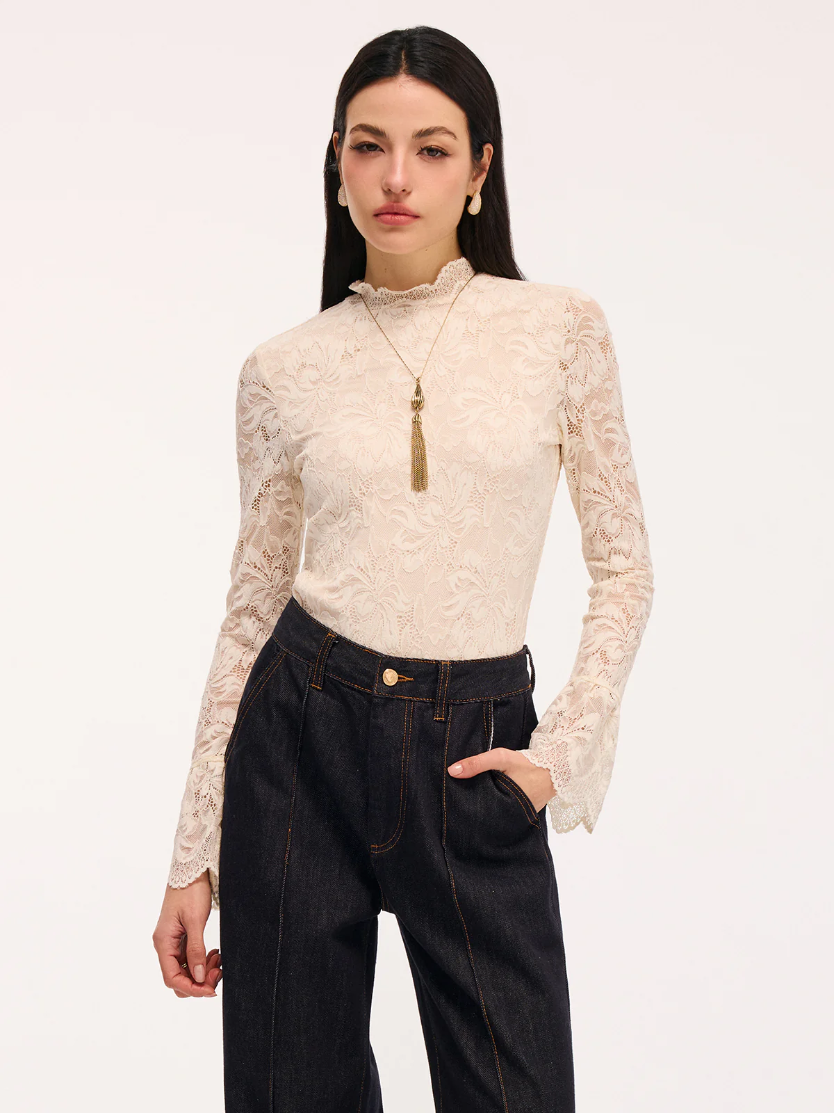 Lace Flared-Sleeve Mock Neck Bodysuit