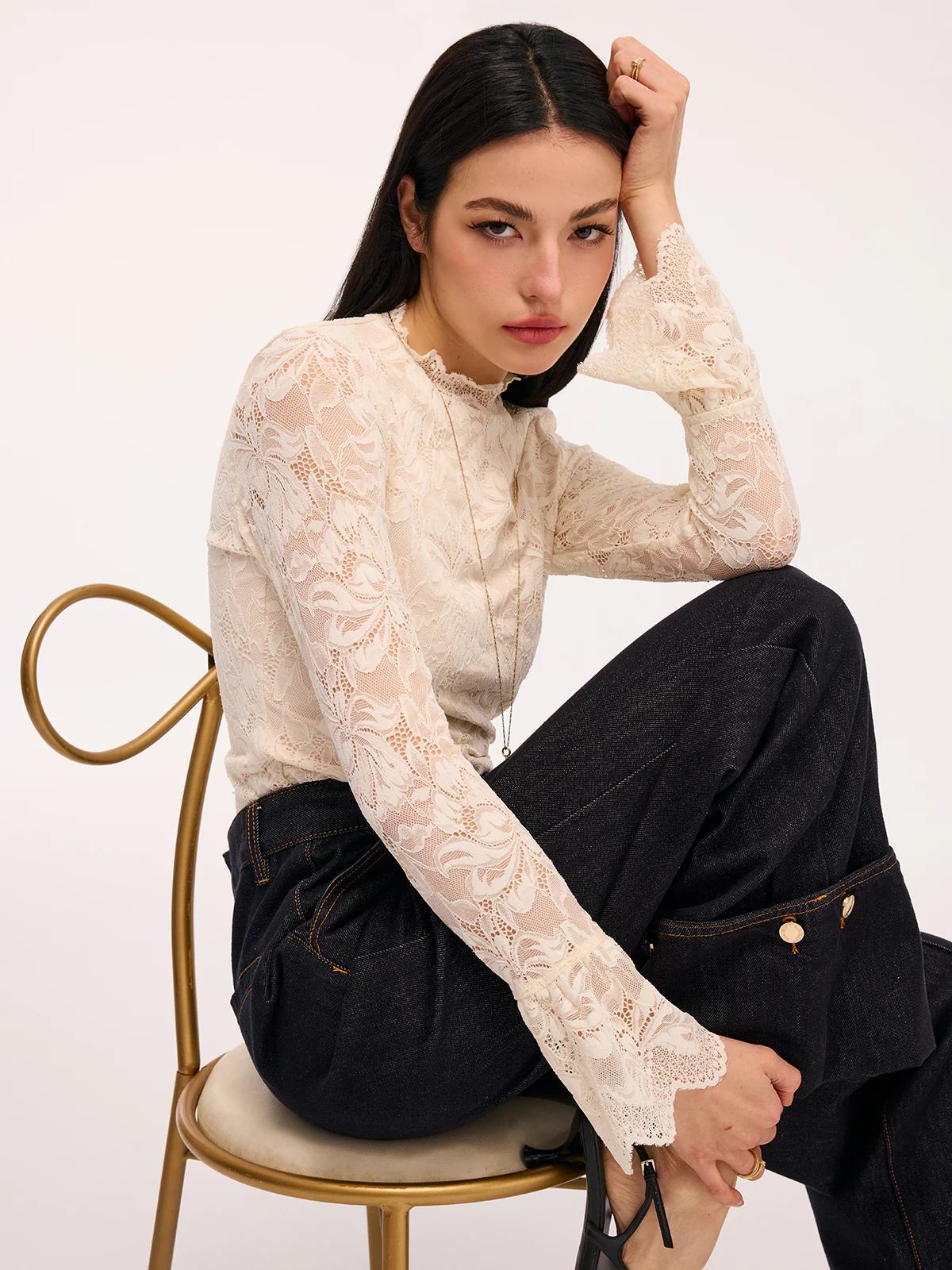 Lace Flared-Sleeve Mock Neck Bodysuit - Image 3