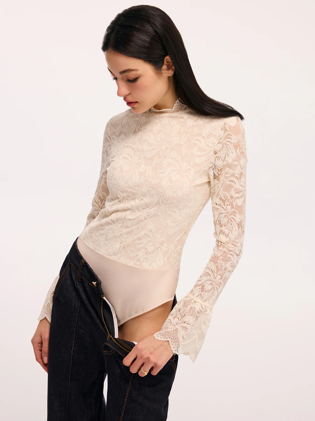 Lace Flared-Sleeve Mock Neck Bodysuit - Image 6