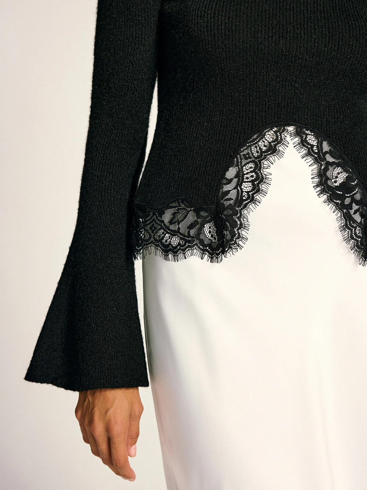 Lace Hem Bell Sleeve Wool Blend Knit Top - Image 3