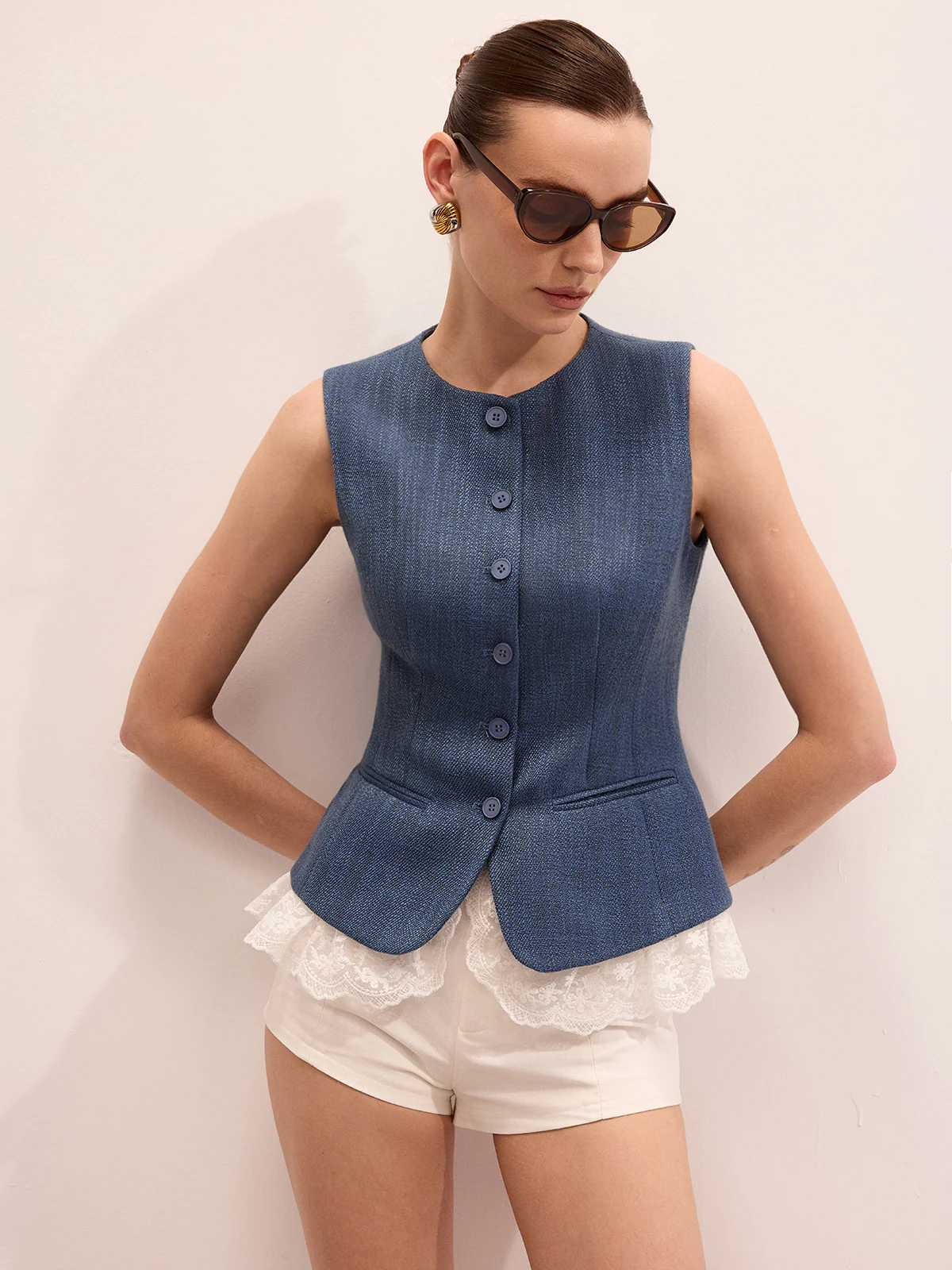Lace Hem Button Front Slim Vest - Image 2