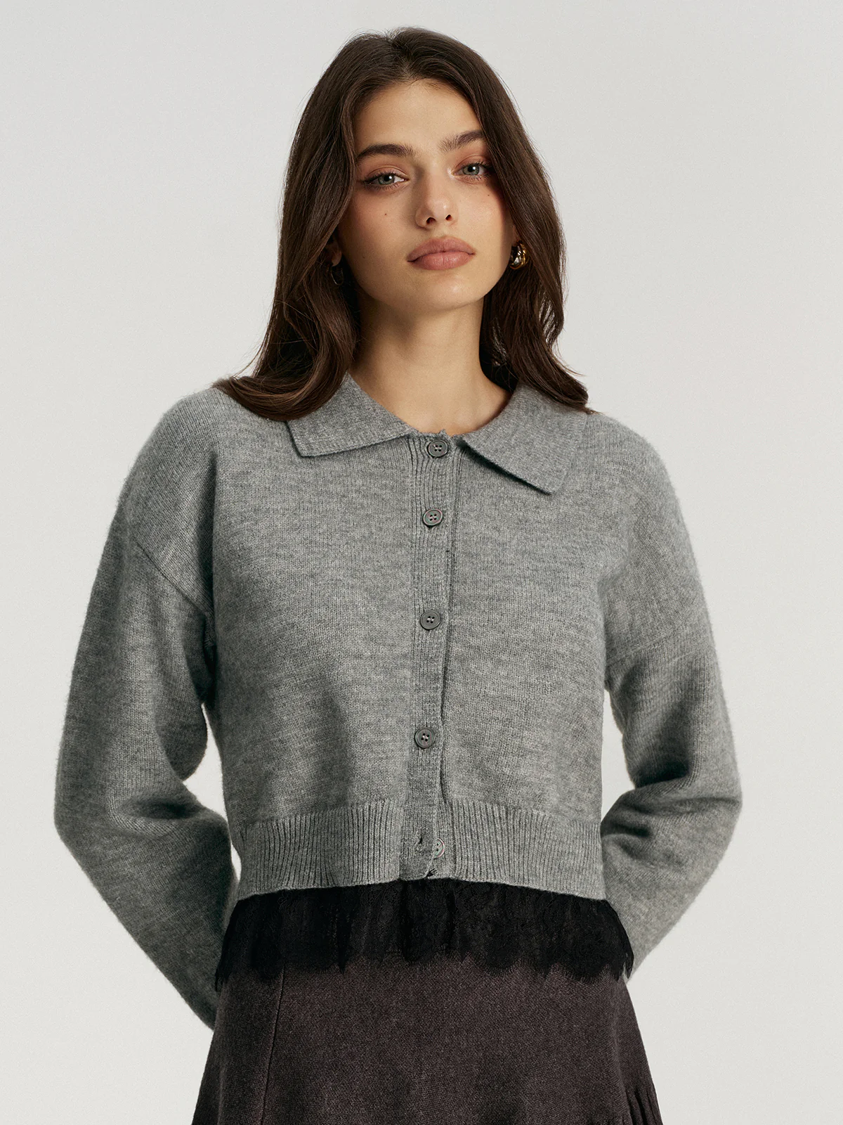 Lace Hem Collared Knit Cardigan - Image 4