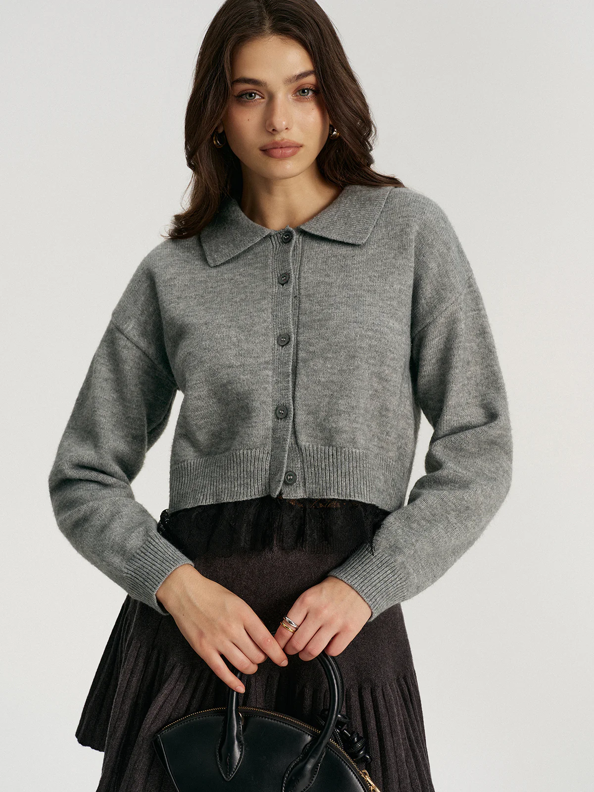 Lace Hem Collared Knit Cardigan - Image 9