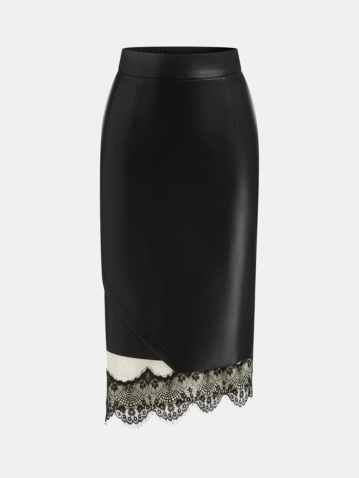 Lace Hem Faux Leather Midi Skirt