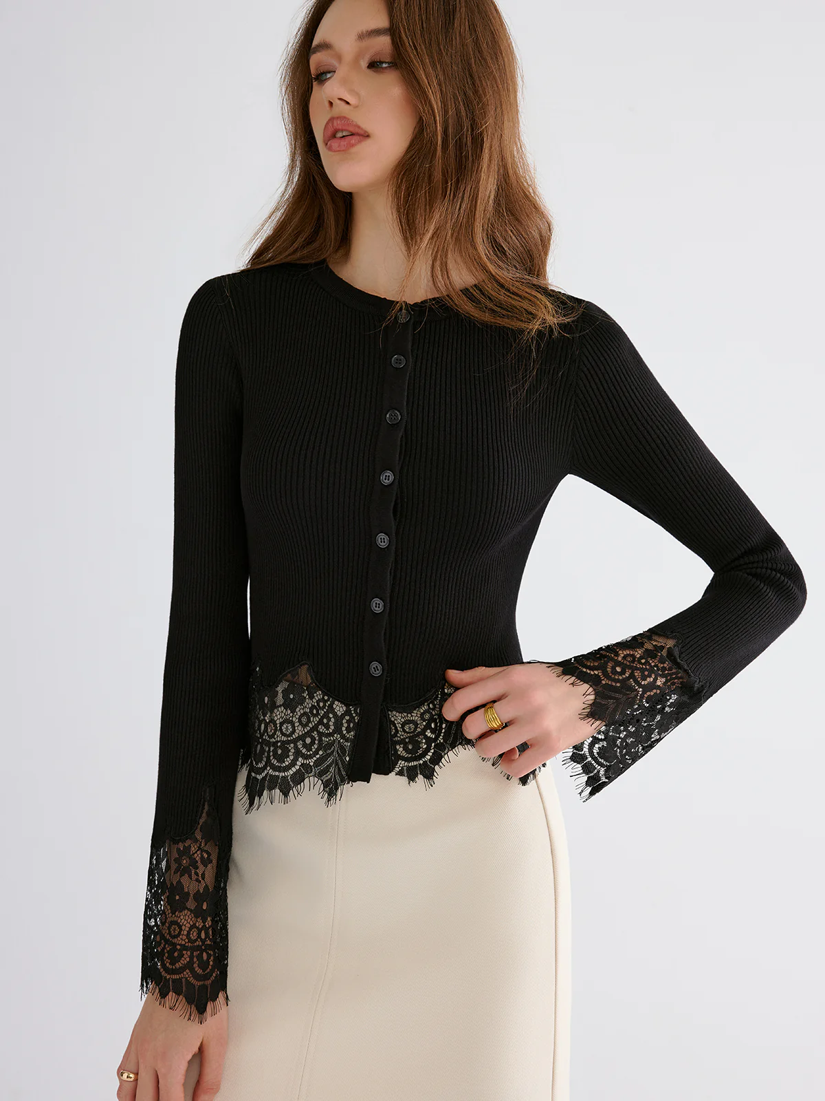 Lace Hem Flared Sleeve Cadigan - Image 5