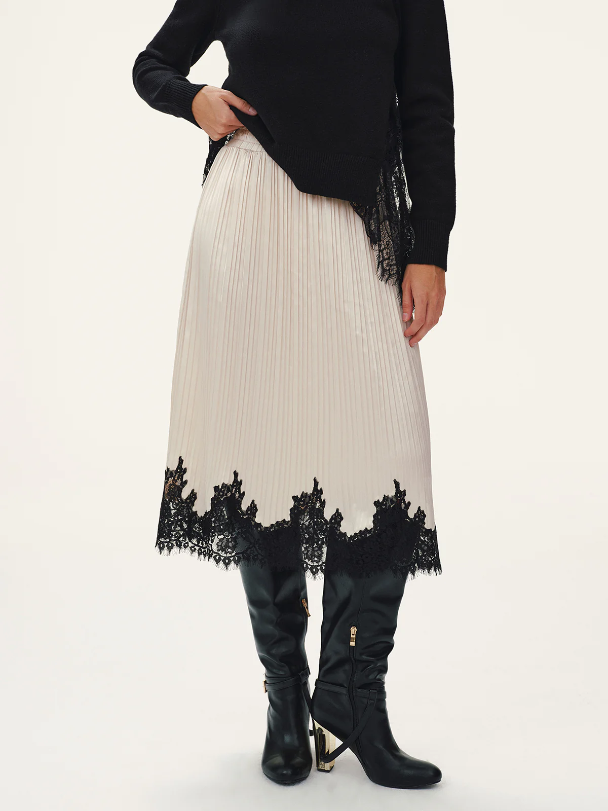 Lace Hem Pleated Midi Skirt - Image 2