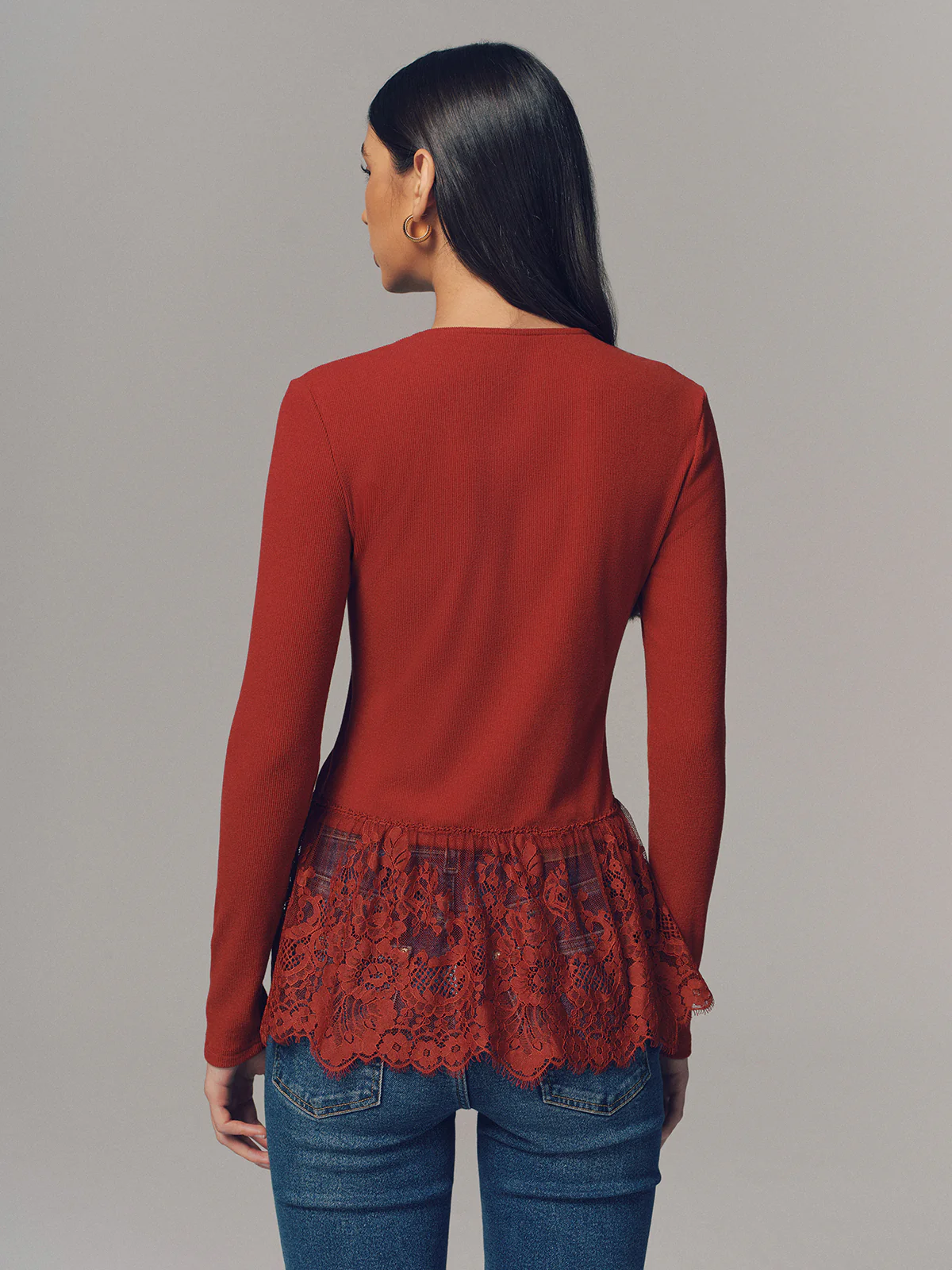 Lace Hem Ribbed  Long Sleeve Top - Image 5