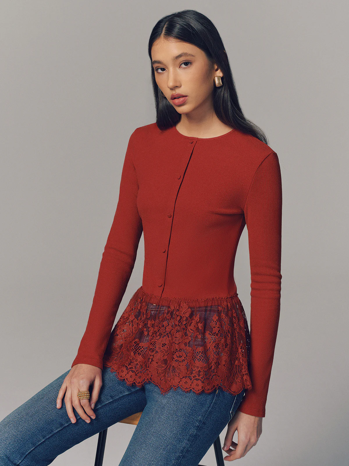 Lace Hem Ribbed  Long Sleeve Top - Image 6
